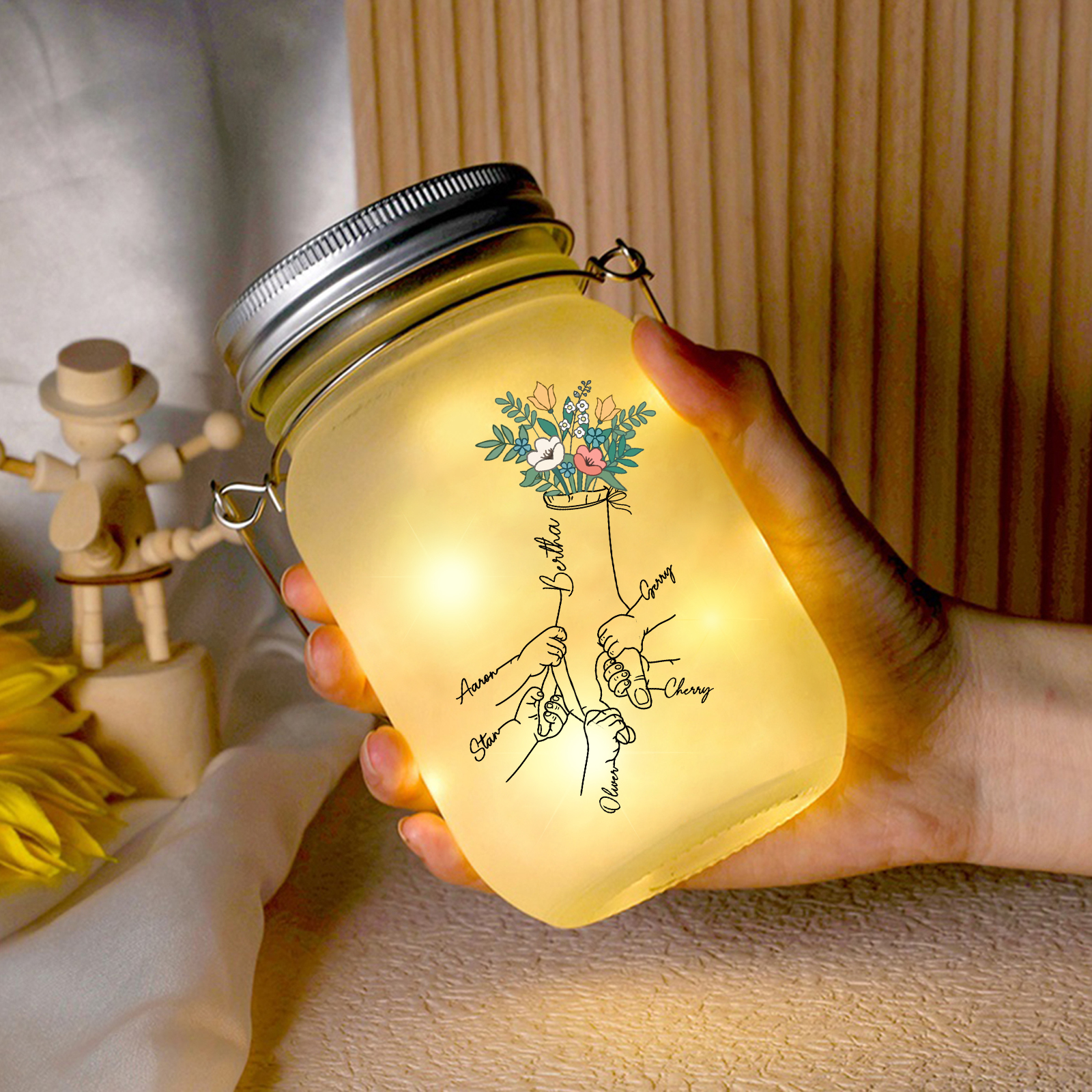 Personalised Holding Hand Flower Mason Jar Custom 2-7 Names Family Gift Solar Light Bottle for Christmas-Jessemade AU