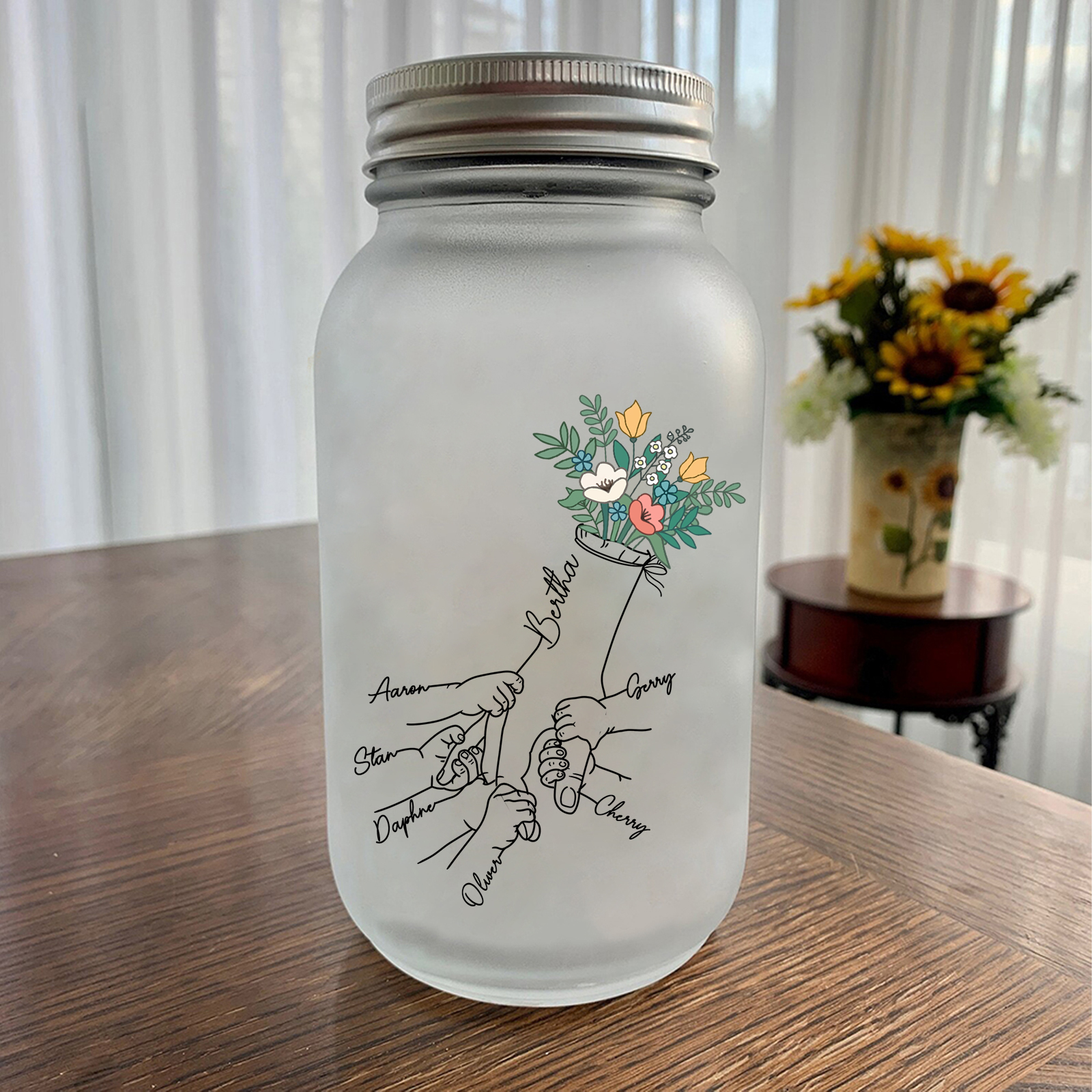 Personalised Holding Hand Flower Mason Jar Custom 2-7 Names Family Gift Solar Light Bottle for Christmas-Jessemade AU