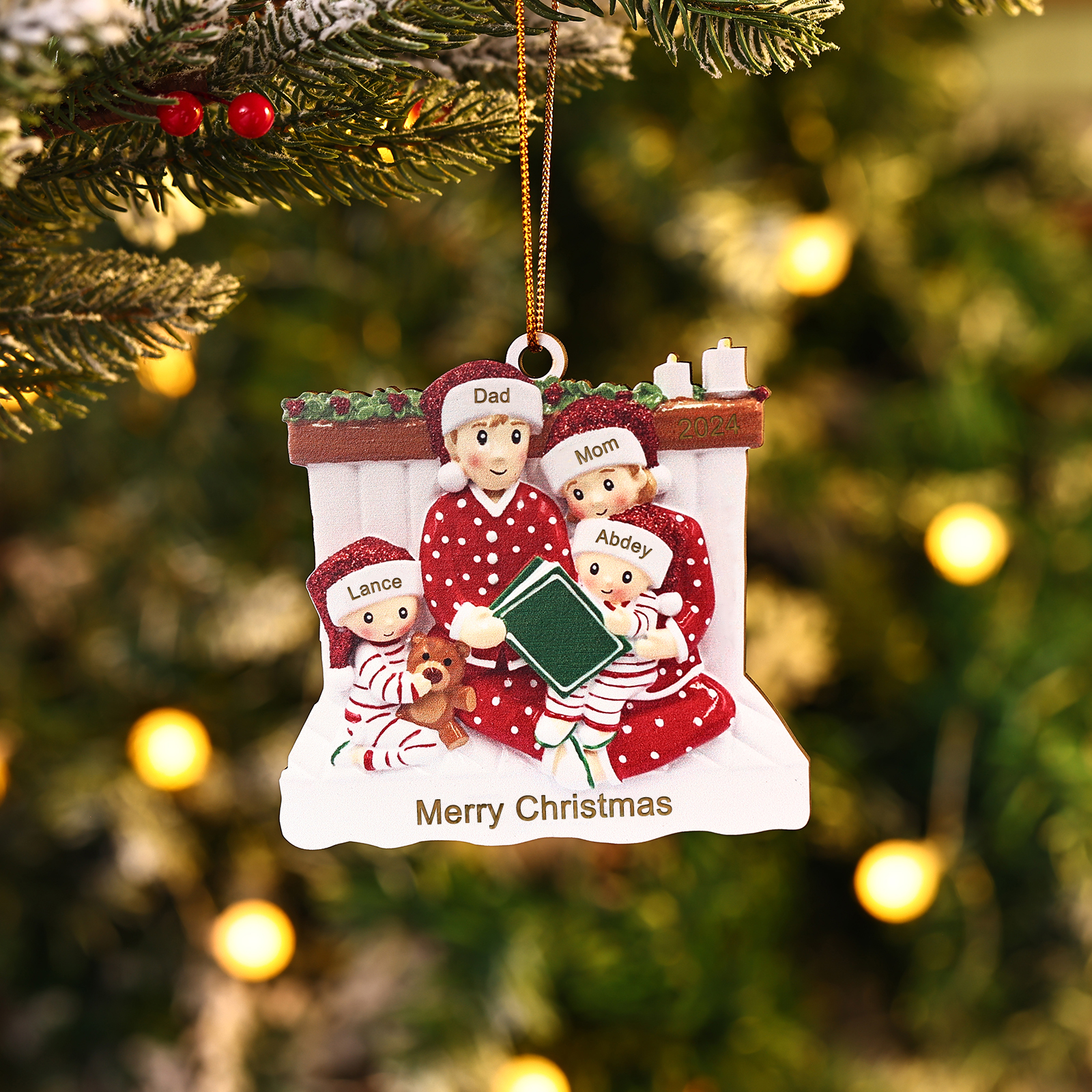 Personalized Christmas Pajama Ornament Custom 4 Names & Year Family Gift