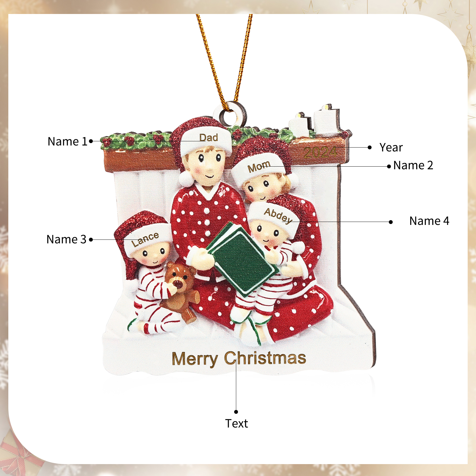 Personalized Christmas Pajama Ornament Custom 4 Names & Year Family Gift