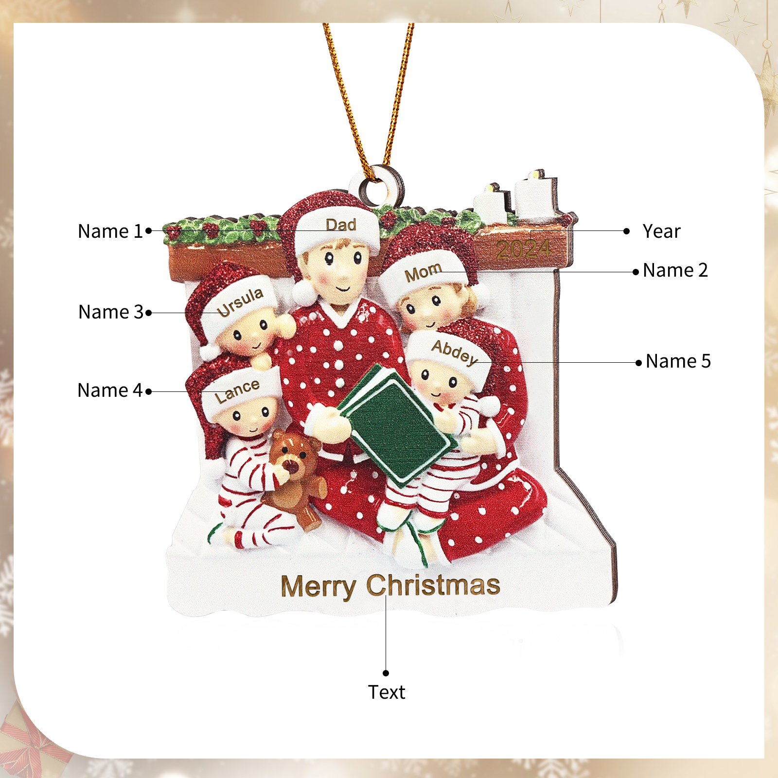 Personalized Christmas Pajama Ornament Custom 5 Names & Year Family Gift