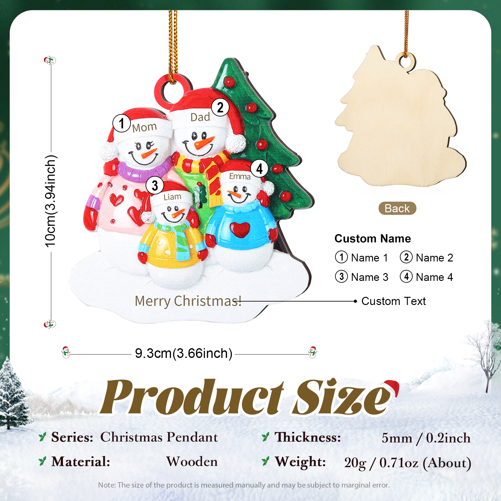 Custom Wooden Snowman Family Ornament with Personalised 4 Names Thoughtful Christmas Gift-Jessemade AU