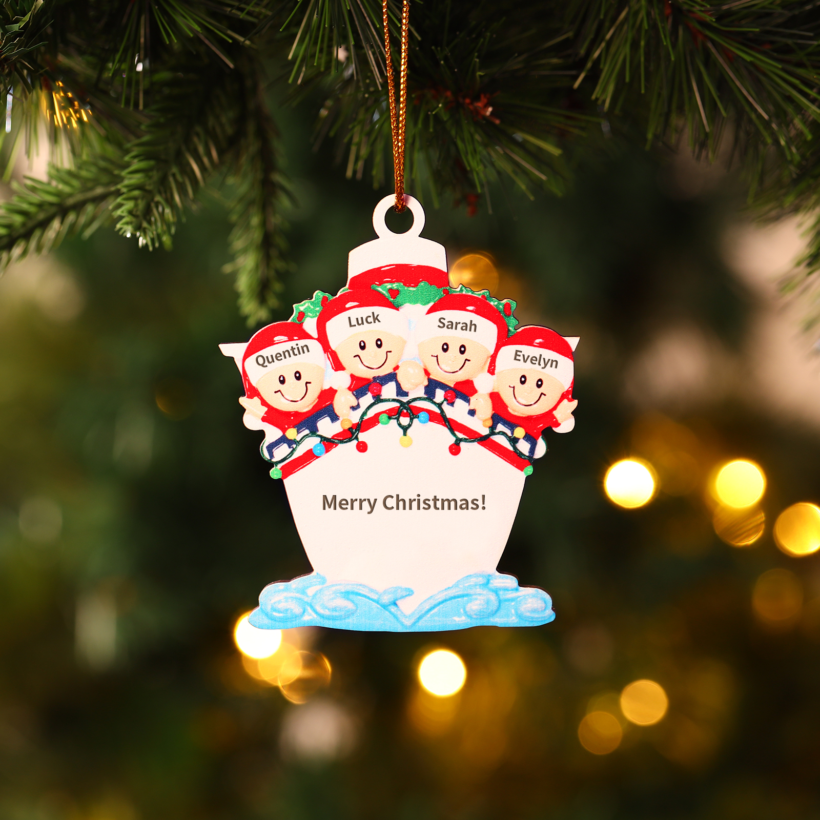 Personalised Nautical Family Hanging Ornament Custom 1 Text  & 4 Names Wooden Christmas Gift for Family