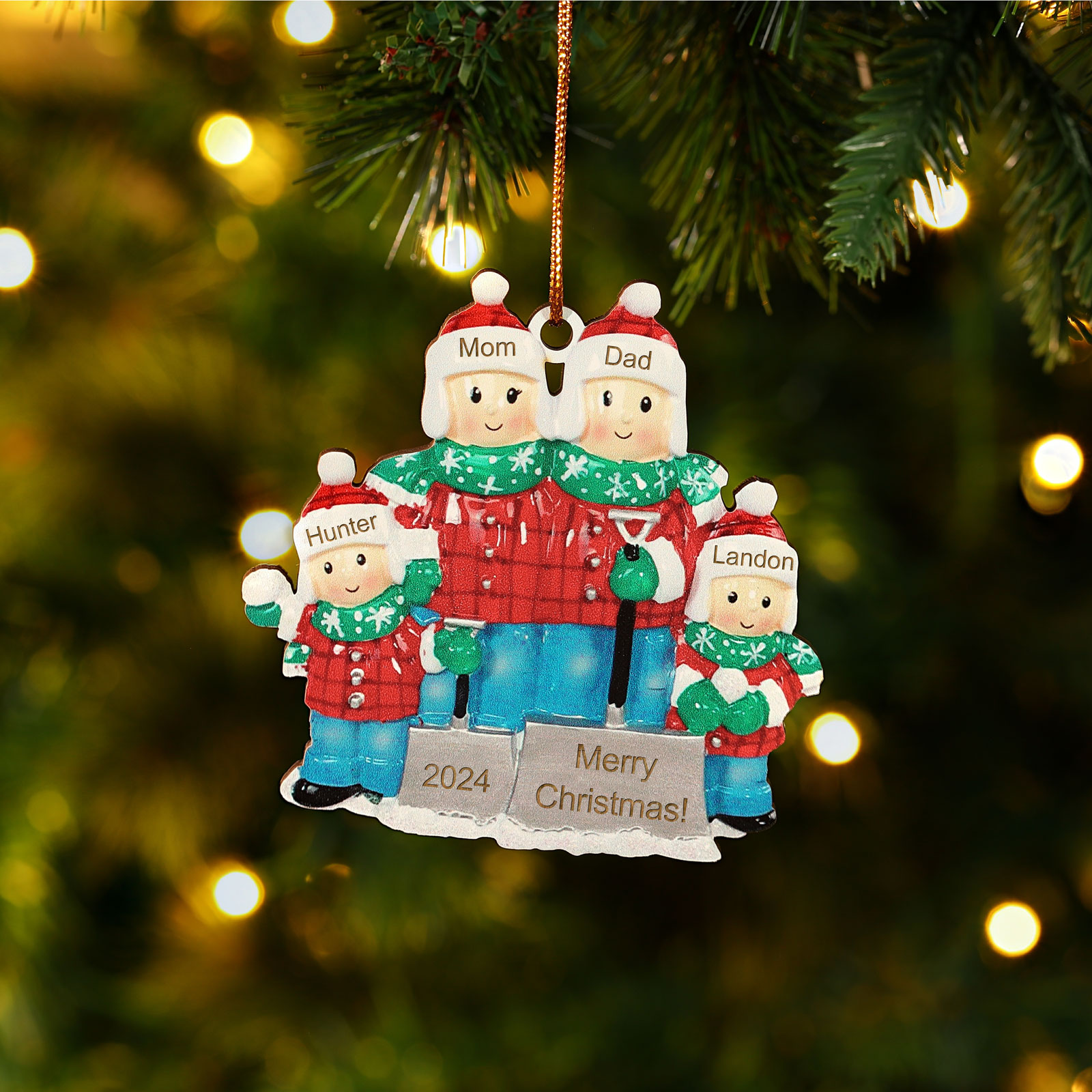 Personalised Snow Shoveling Christmas Ornament Custom Family Gift with 4 Names