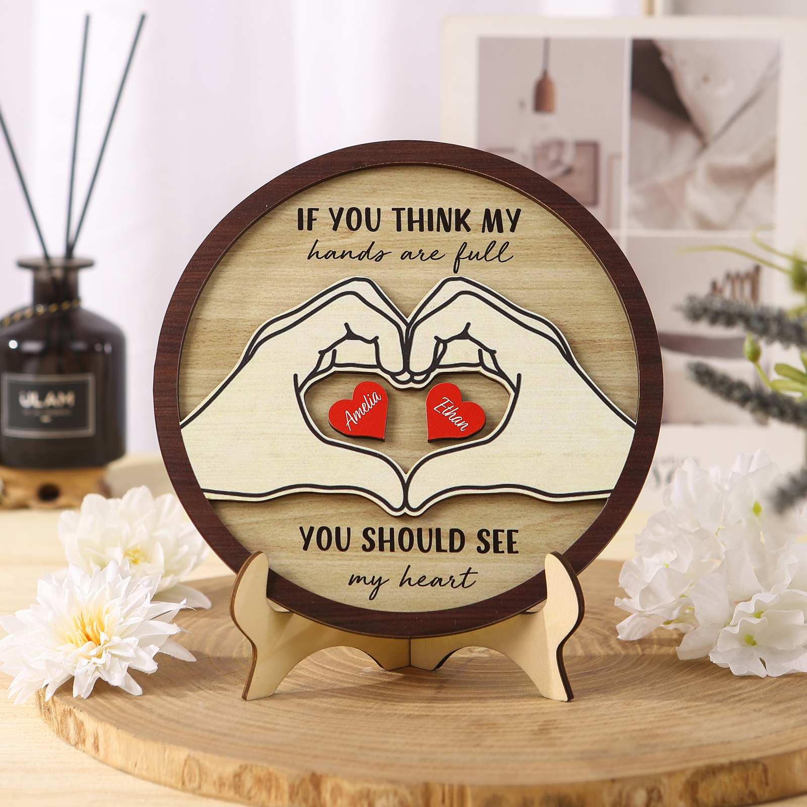 Personalised Wood Plaque with Stand Heart Sign Custom 2-5 Heart Names Family Gift for Home Decor