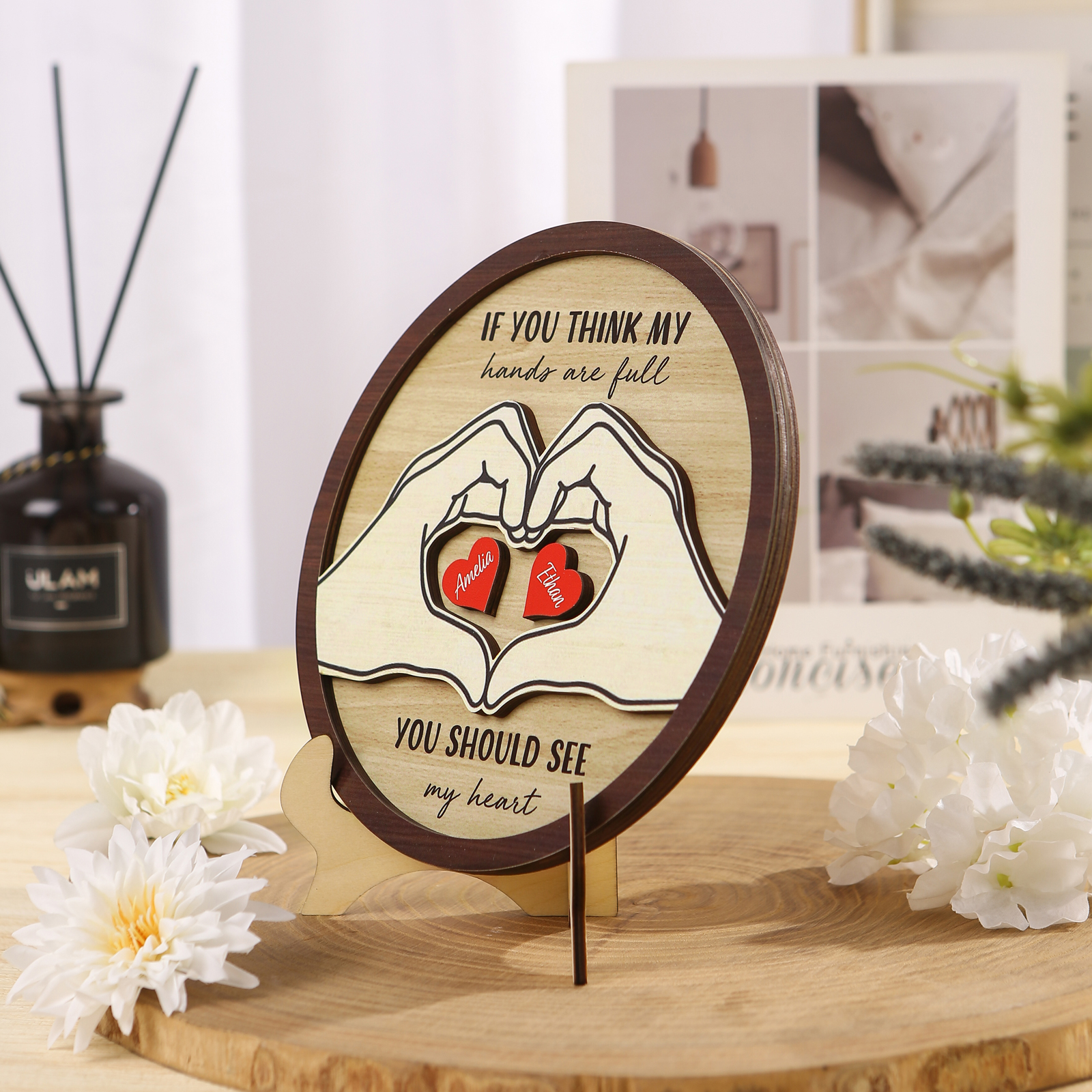 Personalised Wood Plaque with Stand Heart Sign Custom 2-5 Heart Names Family Gift for Home Decor