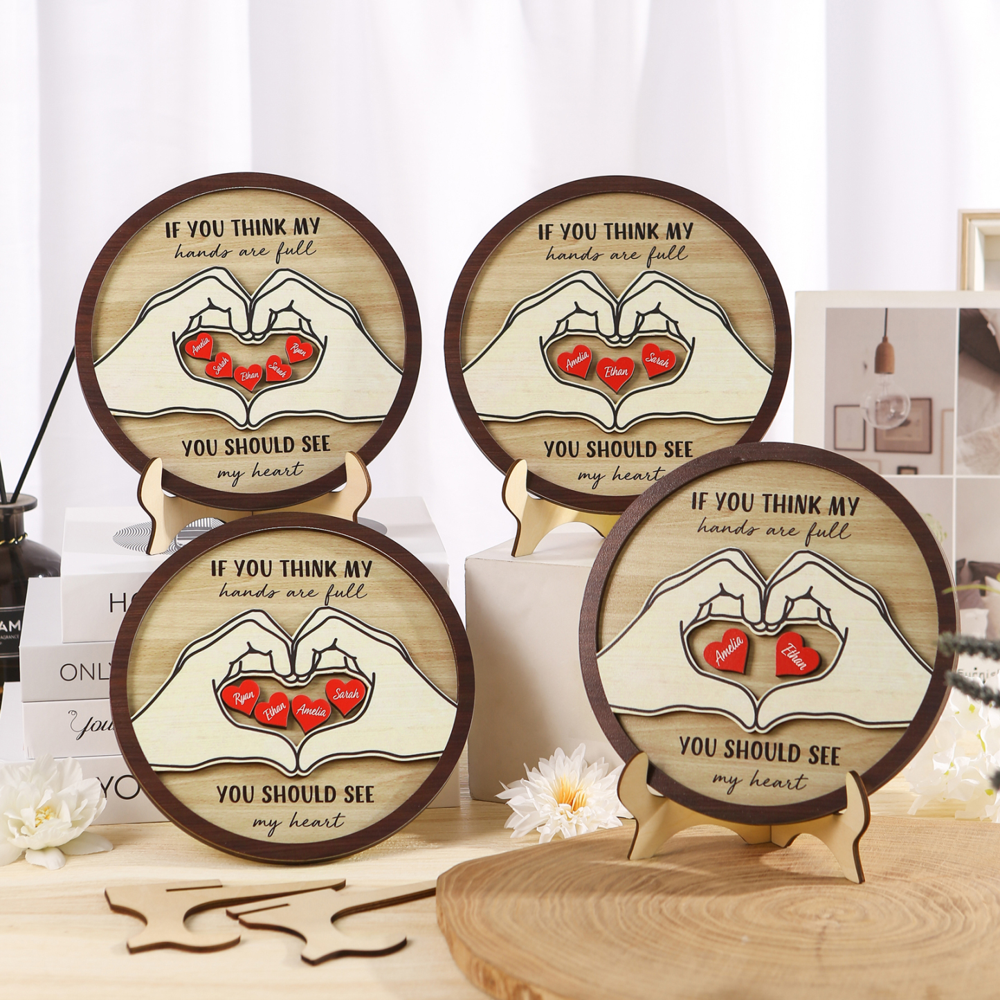 Personalised Wood Plaque with Stand Heart Sign Custom 2-5 Heart Names Family Gift for Home Decor-Jessemade AU