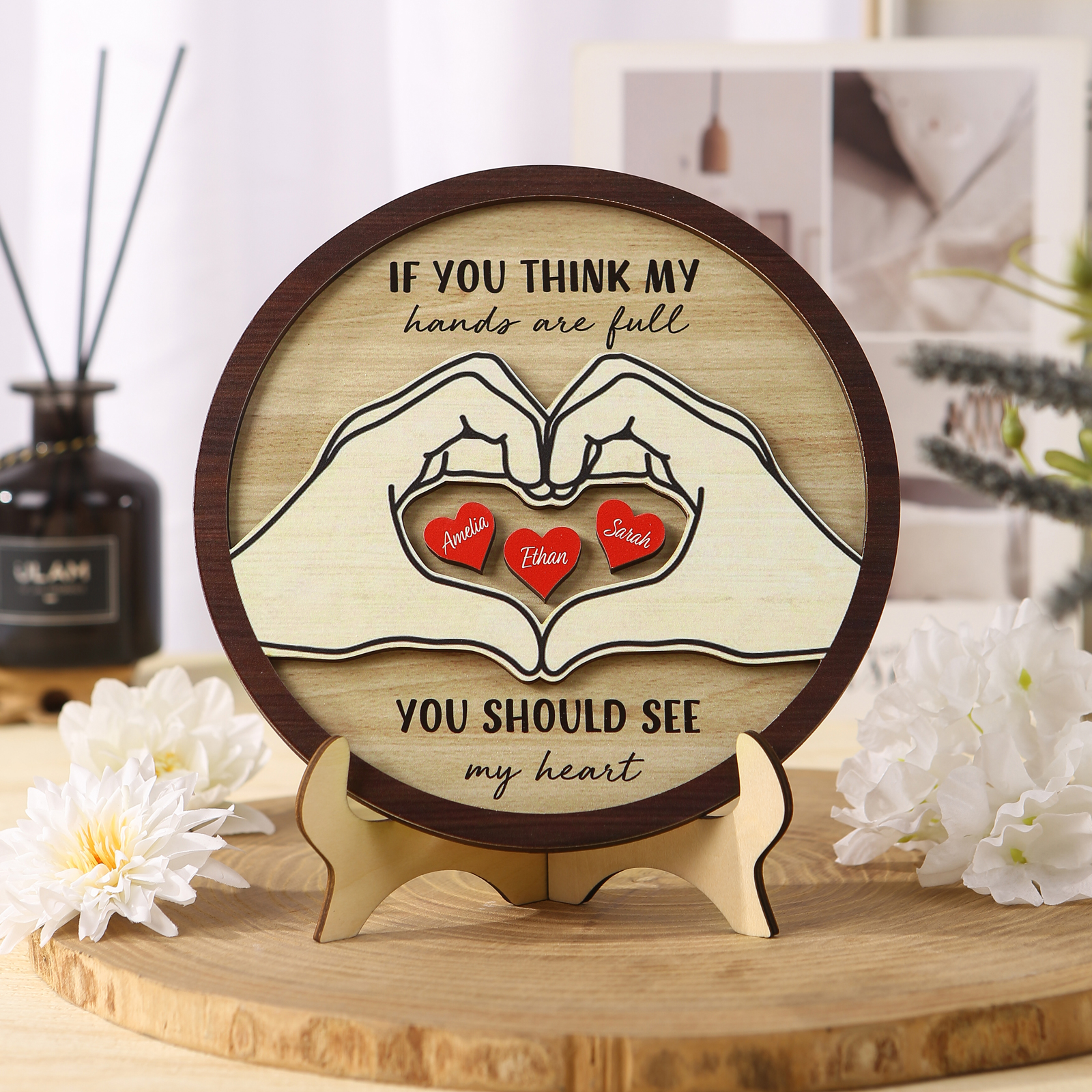 Personalised Wood Plaque with Stand Heart Sign Custom 2-5 Heart Names Family Gift for Home Decor-Jessemade AU