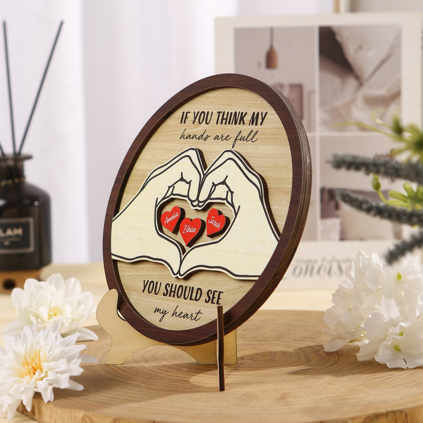 Personalised Wood Plaque with Stand Heart Sign Custom 2-5 Heart Names Family Gift for Home Decor-Jessemade AU