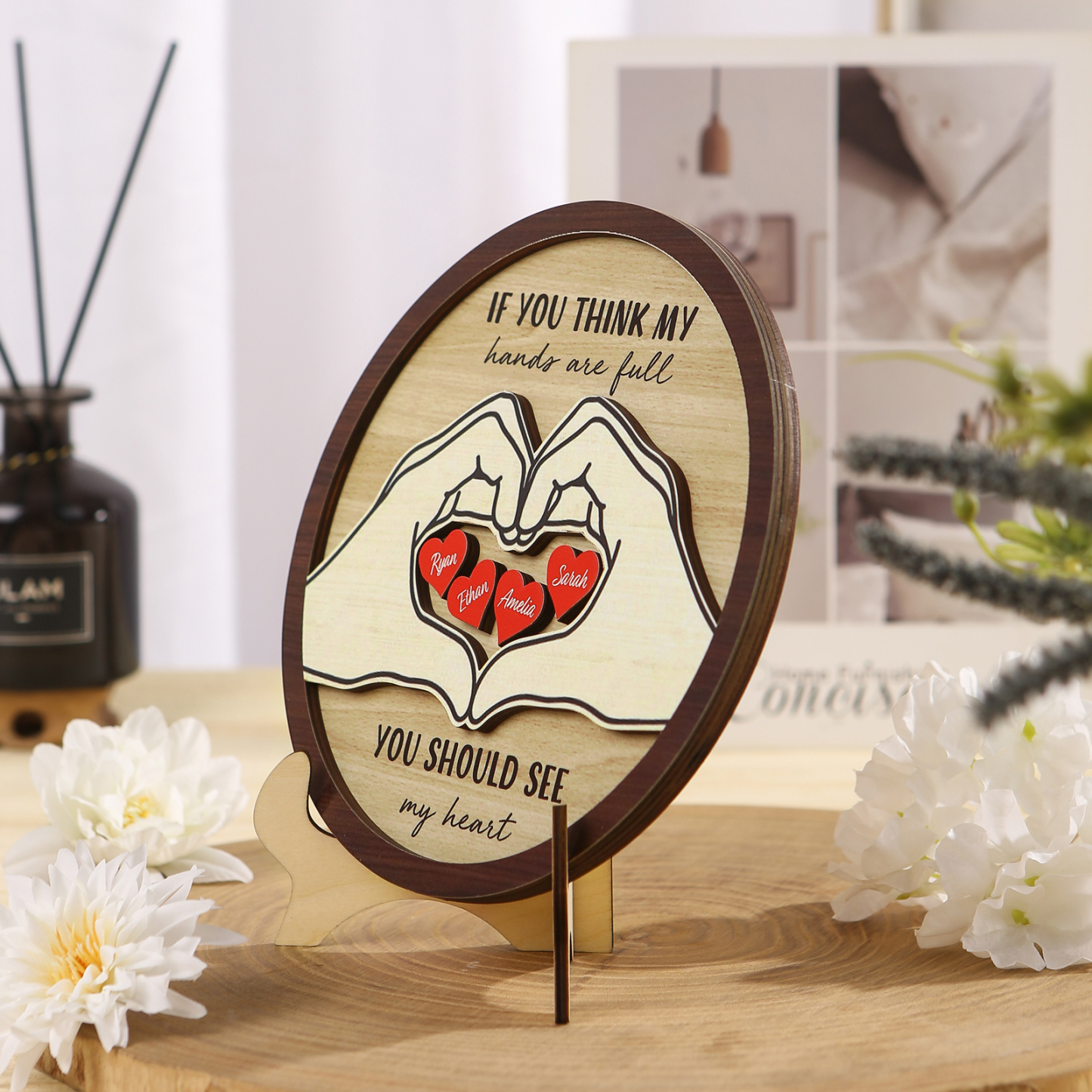 Personalised Wood Plaque with Stand Heart Sign Custom 2-5 Heart Names Family Gift for Home Decor-Jessemade AU