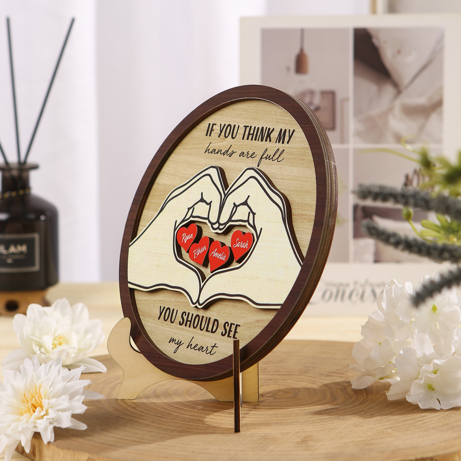 Personalised Wood Plaque with Stand Heart Sign Custom 2-5 Heart Names Family Gift for Home Decor-Jessemade AU