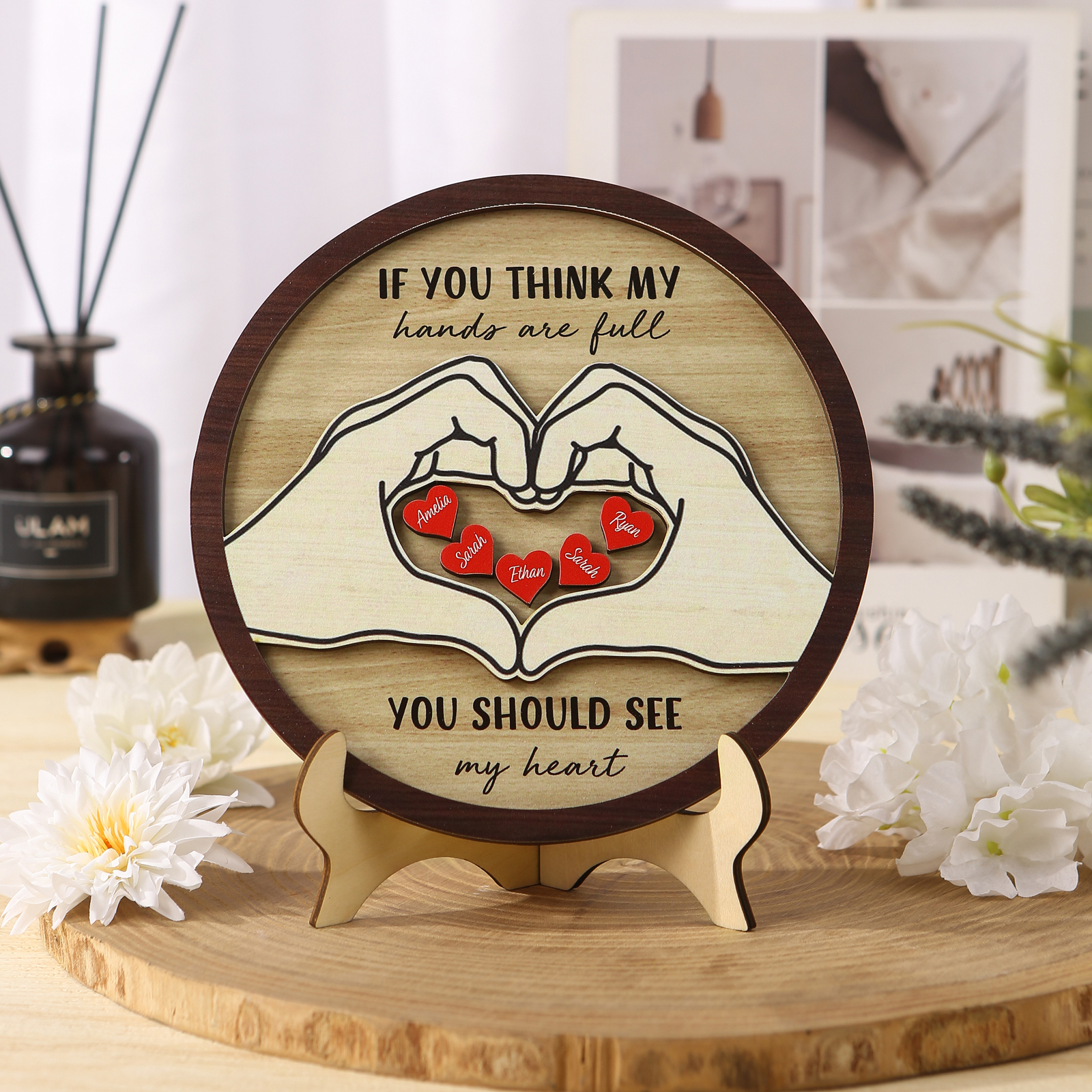 Personalised Wood Plaque with Stand Heart Sign Custom 2-5 Heart Names Family Gift for Home Decor-Jessemade AU