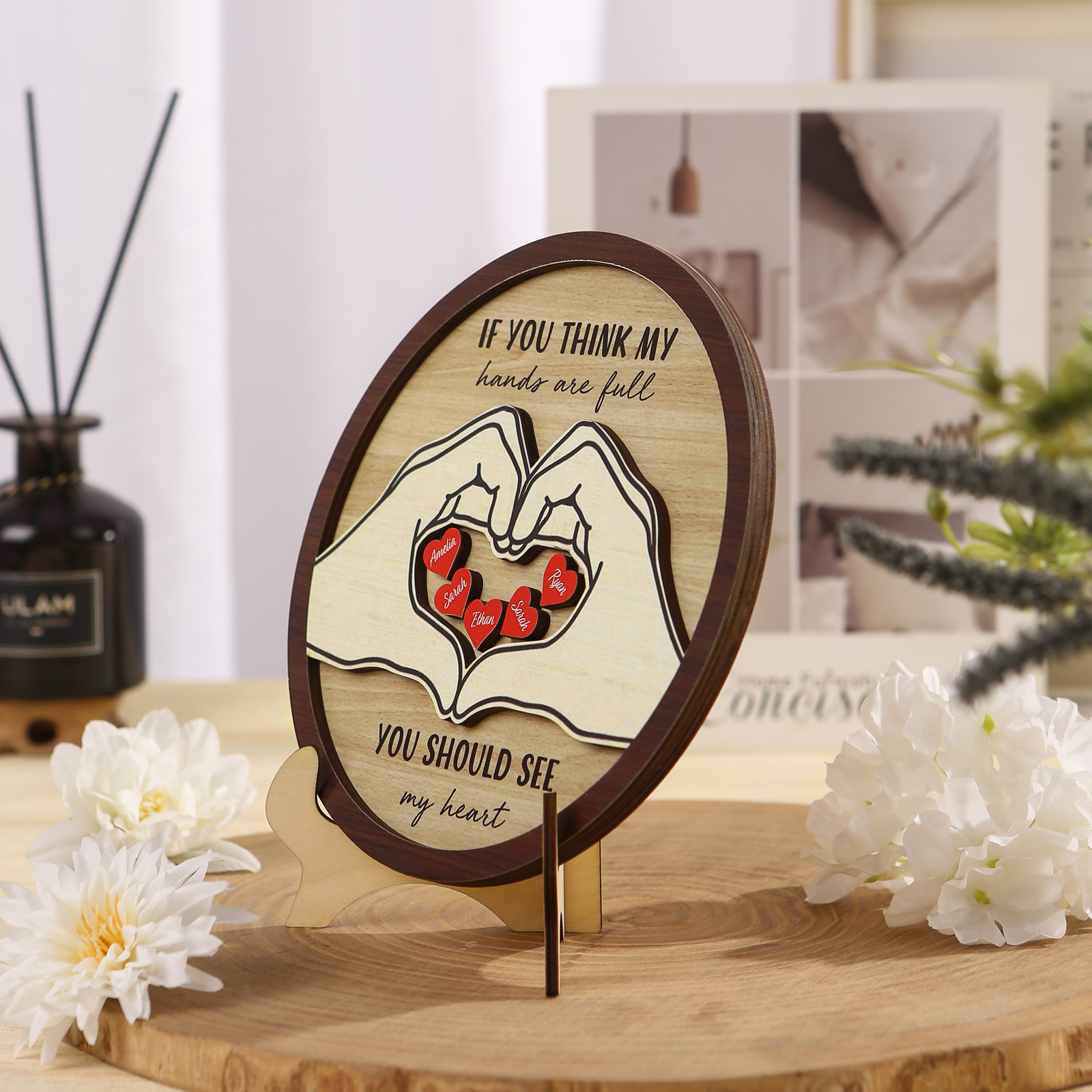 Personalised Wood Plaque with Stand Heart Sign Custom 2-5 Heart Names Family Gift for Home Decor-Jessemade AU