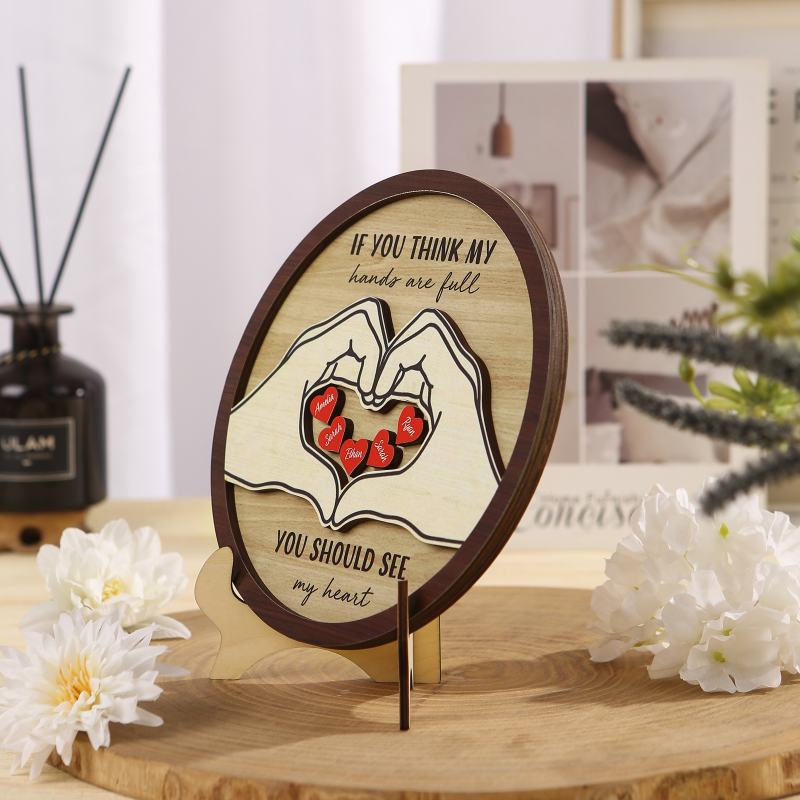 Personalised Wood Plaque with Stand Heart Sign Custom 2-5 Heart Names Family Gift for Home Decor-Jessemade AU