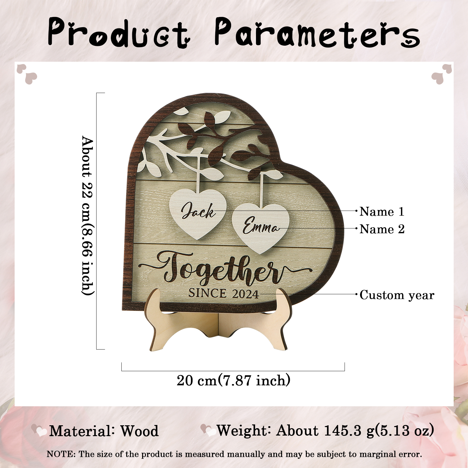 Personalised Heart-Shaped Wooden Plaque with Names & Year Perfect for Couples