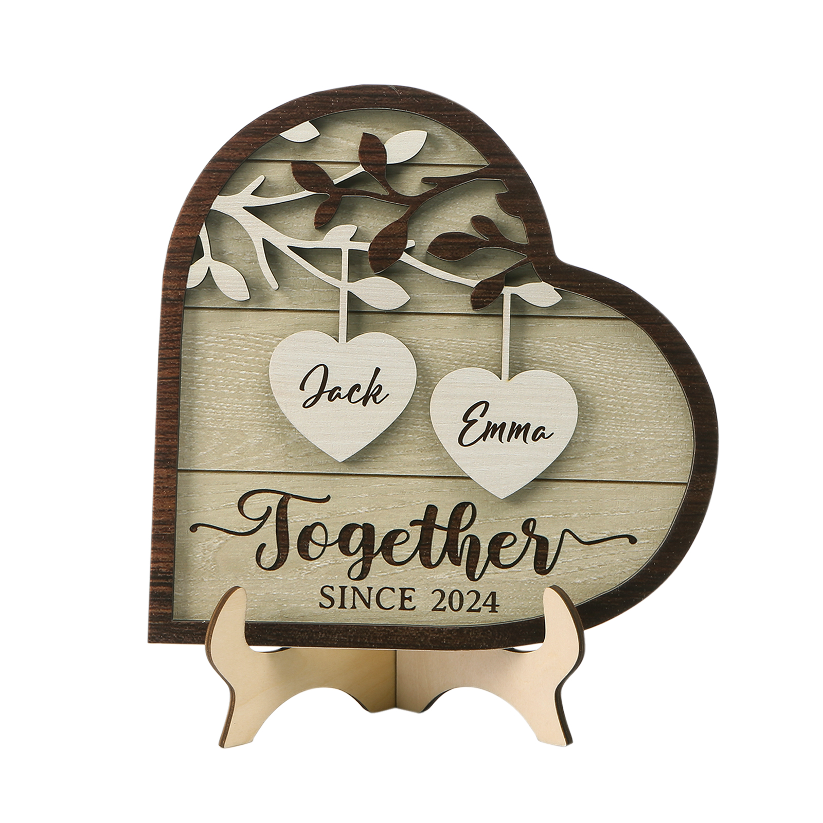 Personalised Heart-Shaped Wooden Plaque with Names & Year Perfect for Couples
