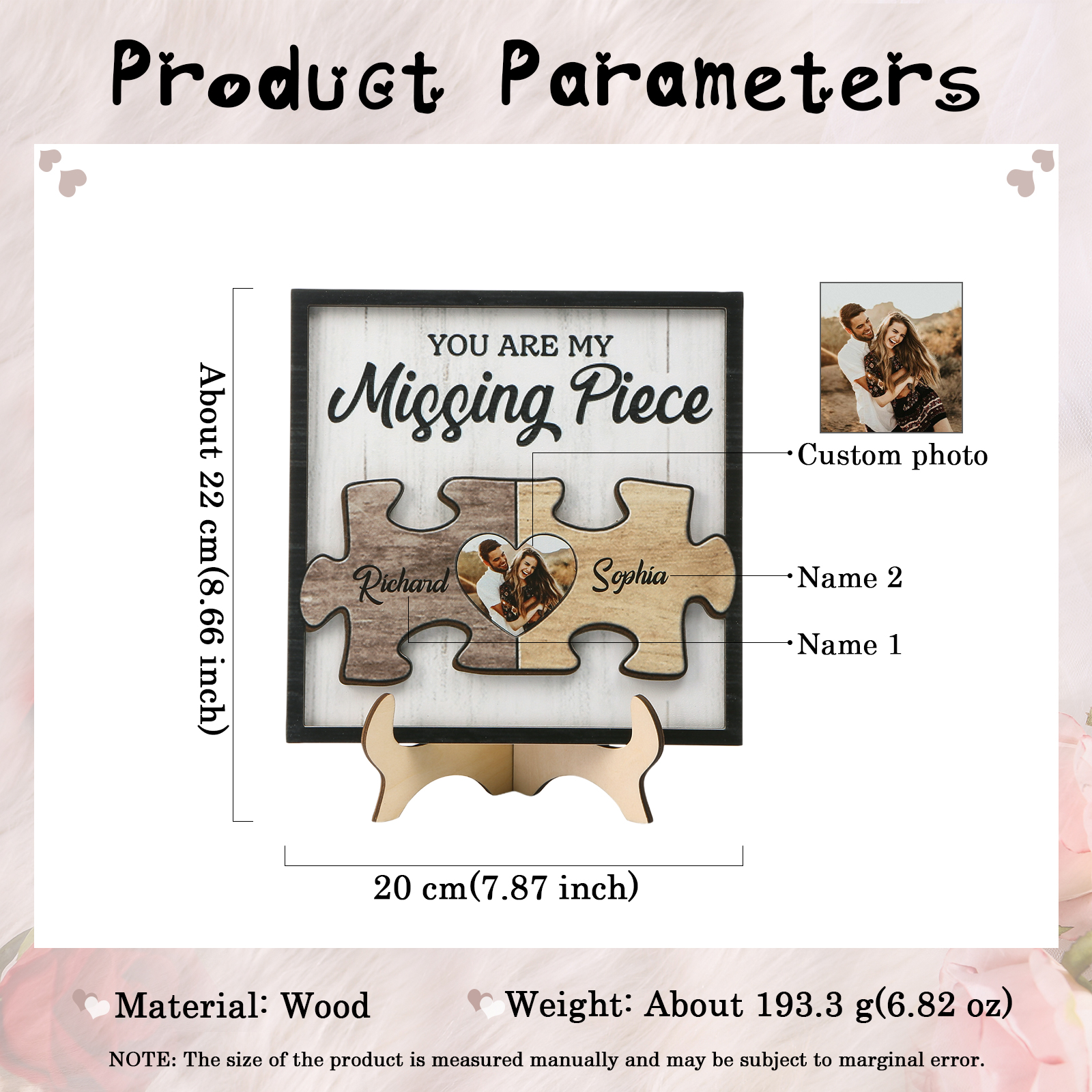 Personalised Puzzle Plaque with 2 Names & Photo Heart-Shaped Building Blocks of Love