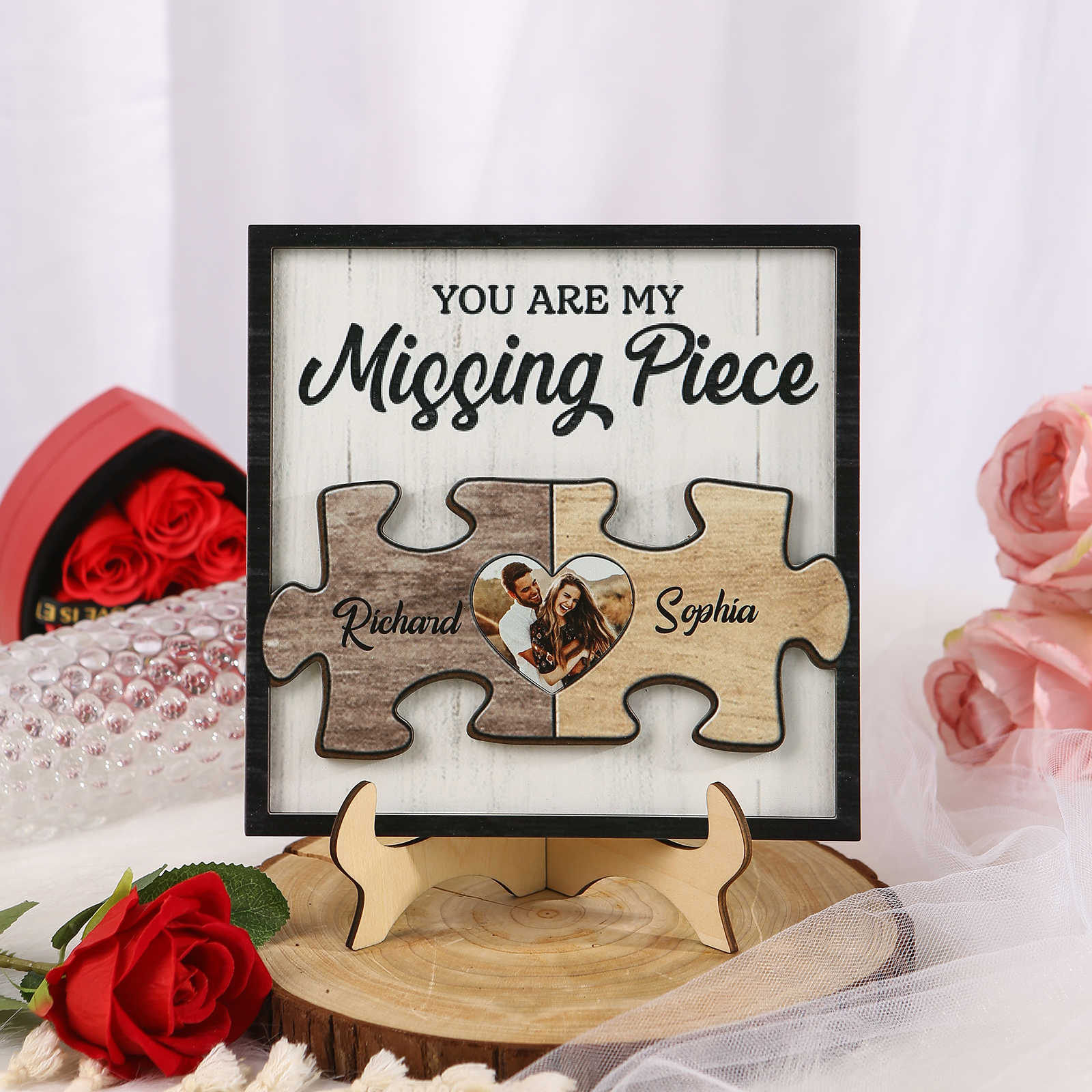 Personalised Puzzle Plaque with 2 Names & Photo Heart-Shaped Building Blocks of Love