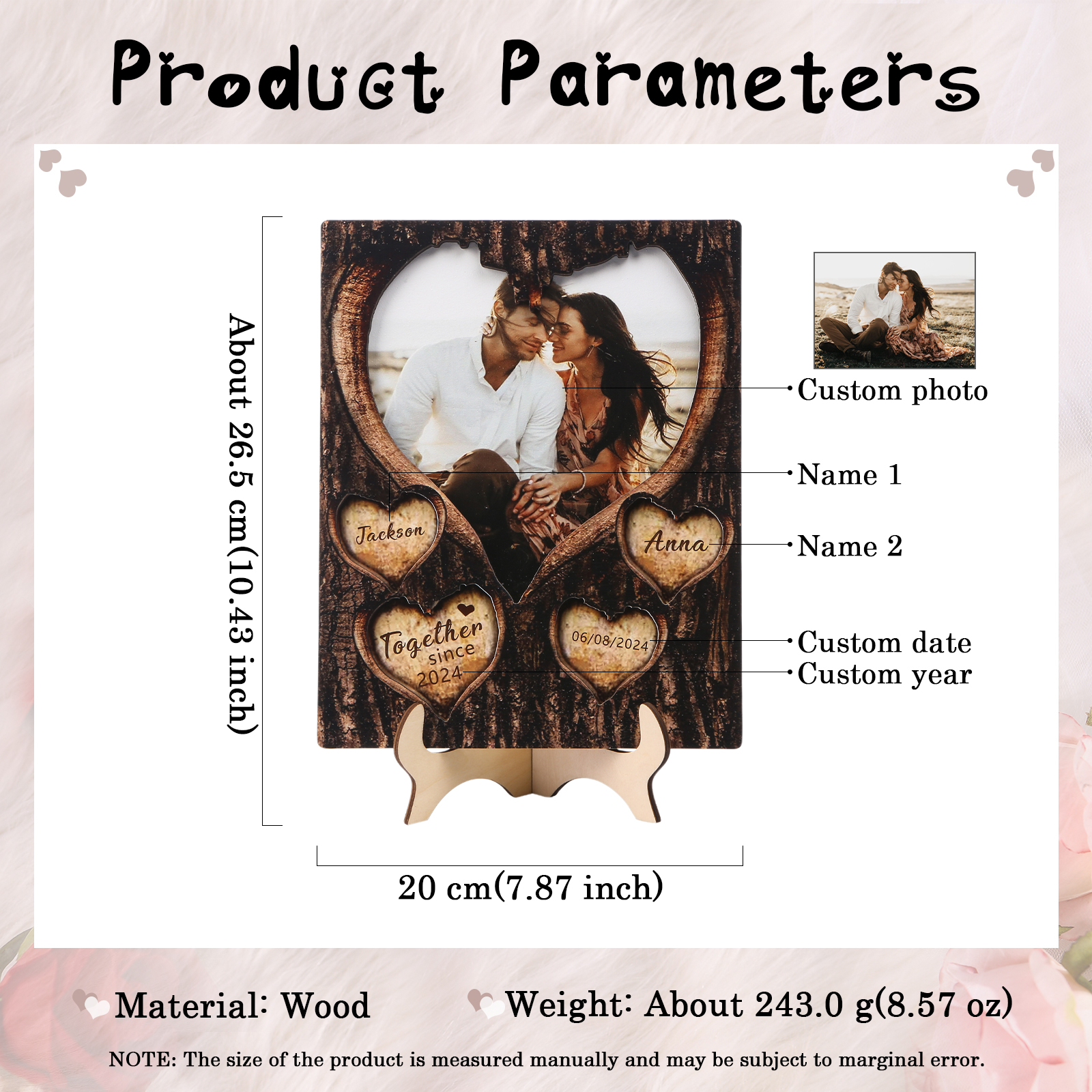 Personalised Wooden Plaque with 2 Names 1 Photo Date & Year A Heartfelt Gift for Couples-Jessemade AU