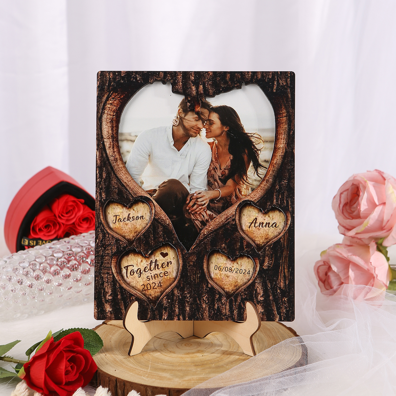 Personalised Wooden Plaque with 2 Names 1 Photo Date & Year A Heartfelt Gift for Couples