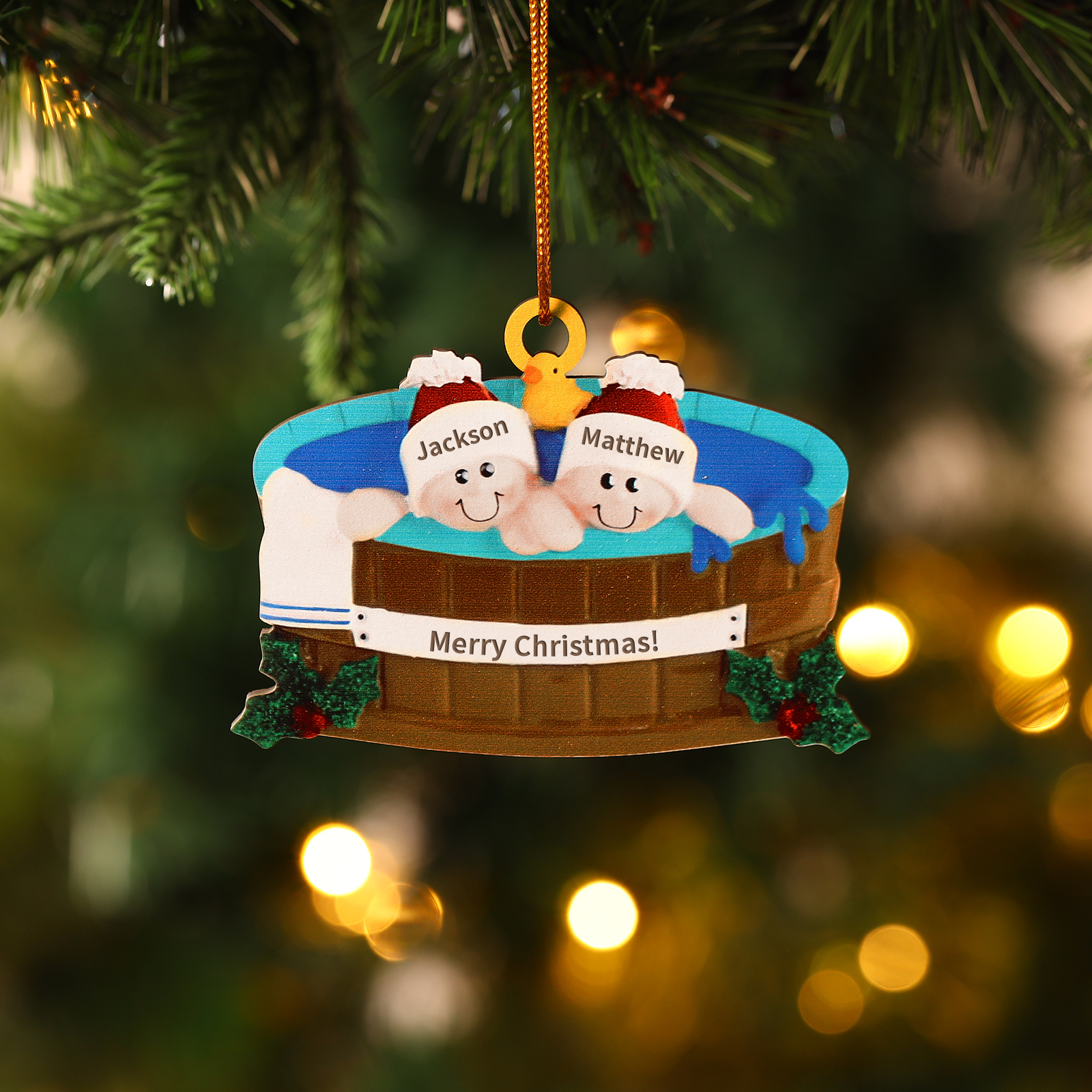 Personalised Family Swimming Hanging Ornament Custom 1 Text  & 2 Names Wooden Christmas Gift for Couple