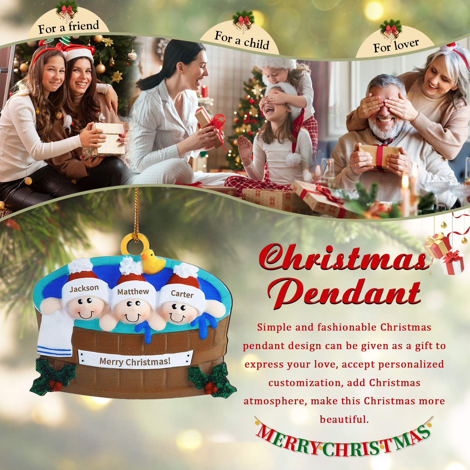 Personalised Family Swimming Hanging Ornament Custom 1 Text & 3 Names Wooden Christmas Gift for Family-Jessemade AU