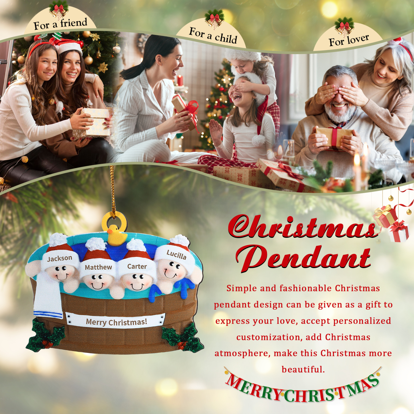 Personalised Family Swimming Hanging Ornament Custom 1 Text & 4 Names Wooden Christmas Gift for Family-Jessemade AU