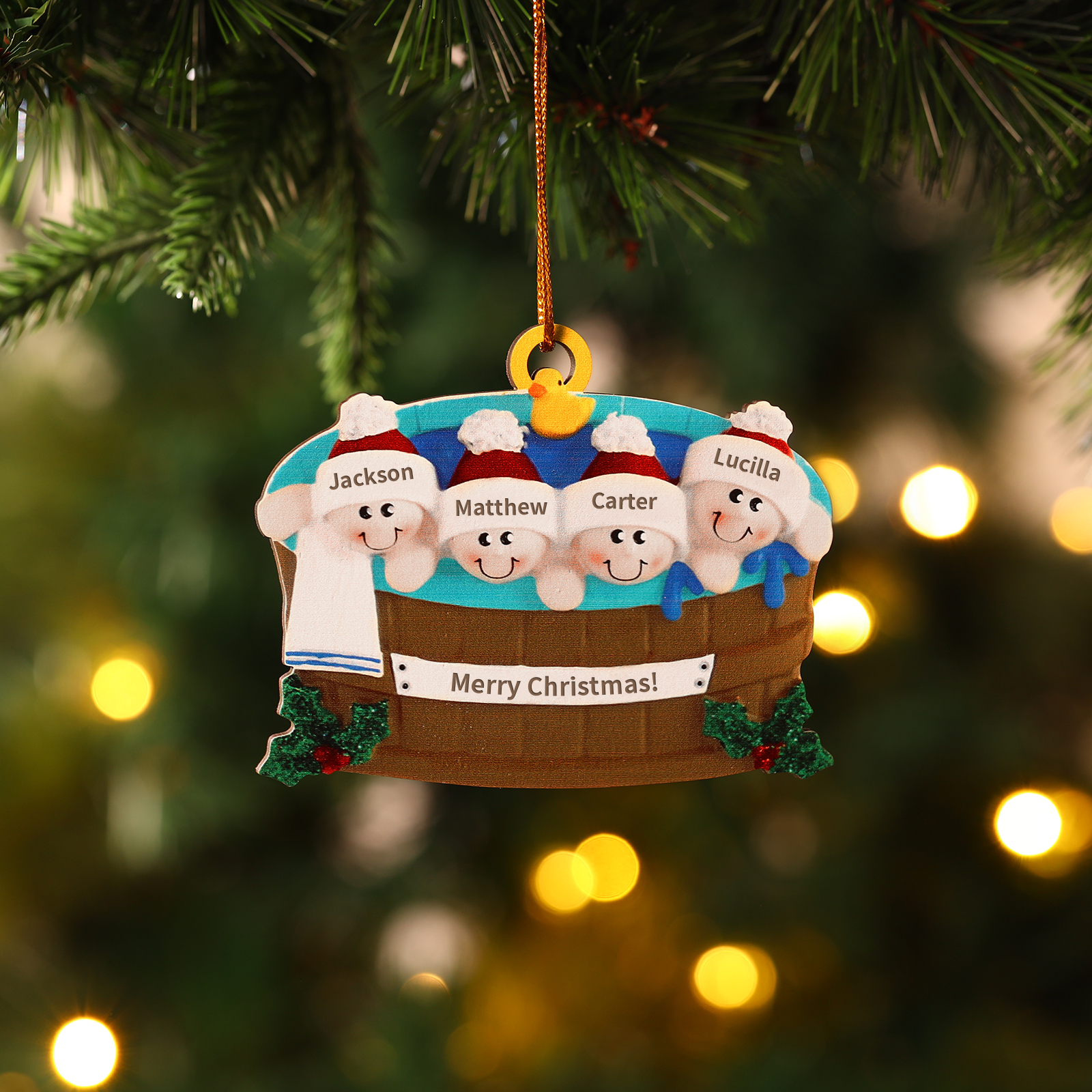 Personalised Family Swimming Hanging Ornament Custom 1 Text & 4 Names Wooden Christmas Gift for Couple