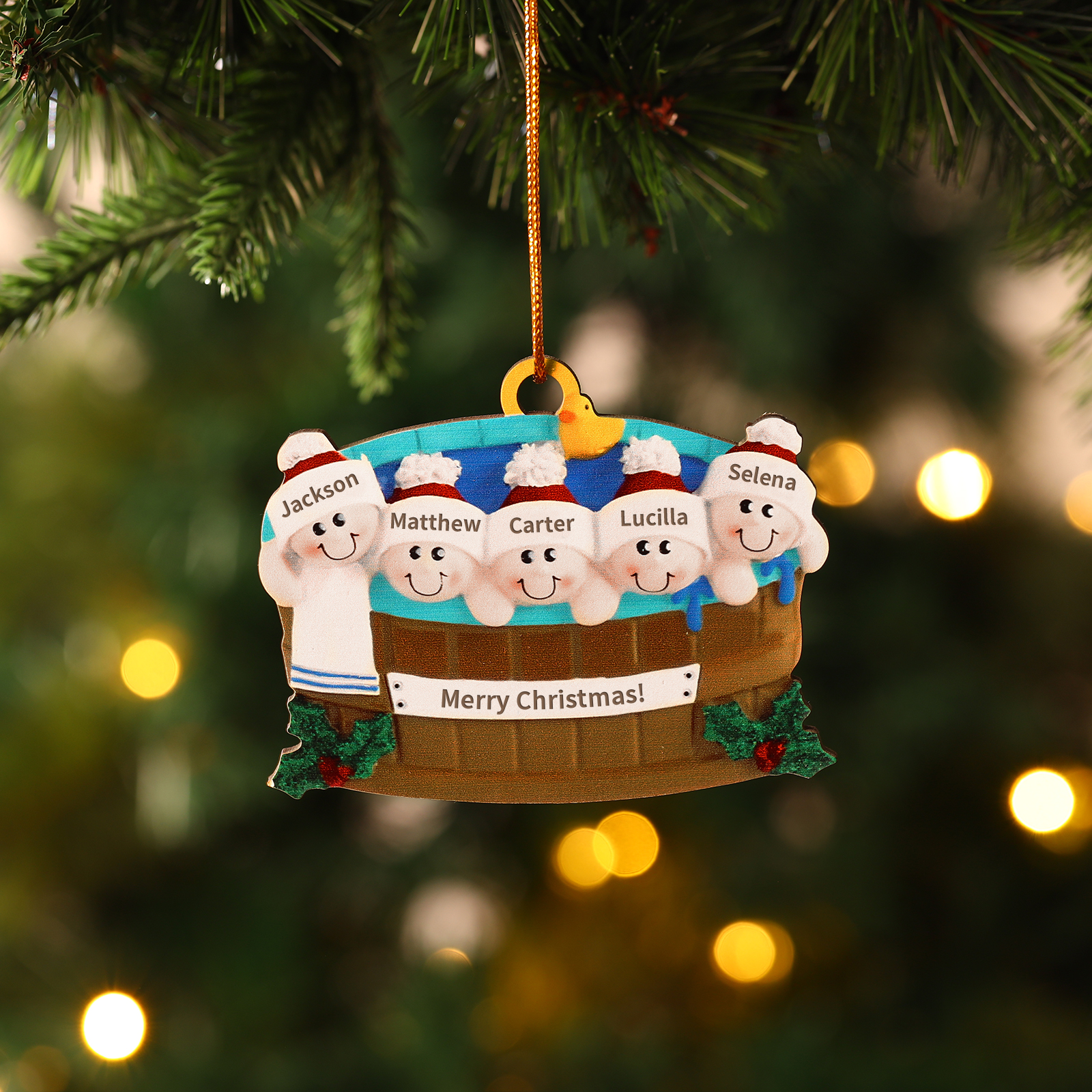 Personalised Family Swimming Hanging Ornament Custom 1 Text & 5 Names Wooden Christmas Gift for Couple