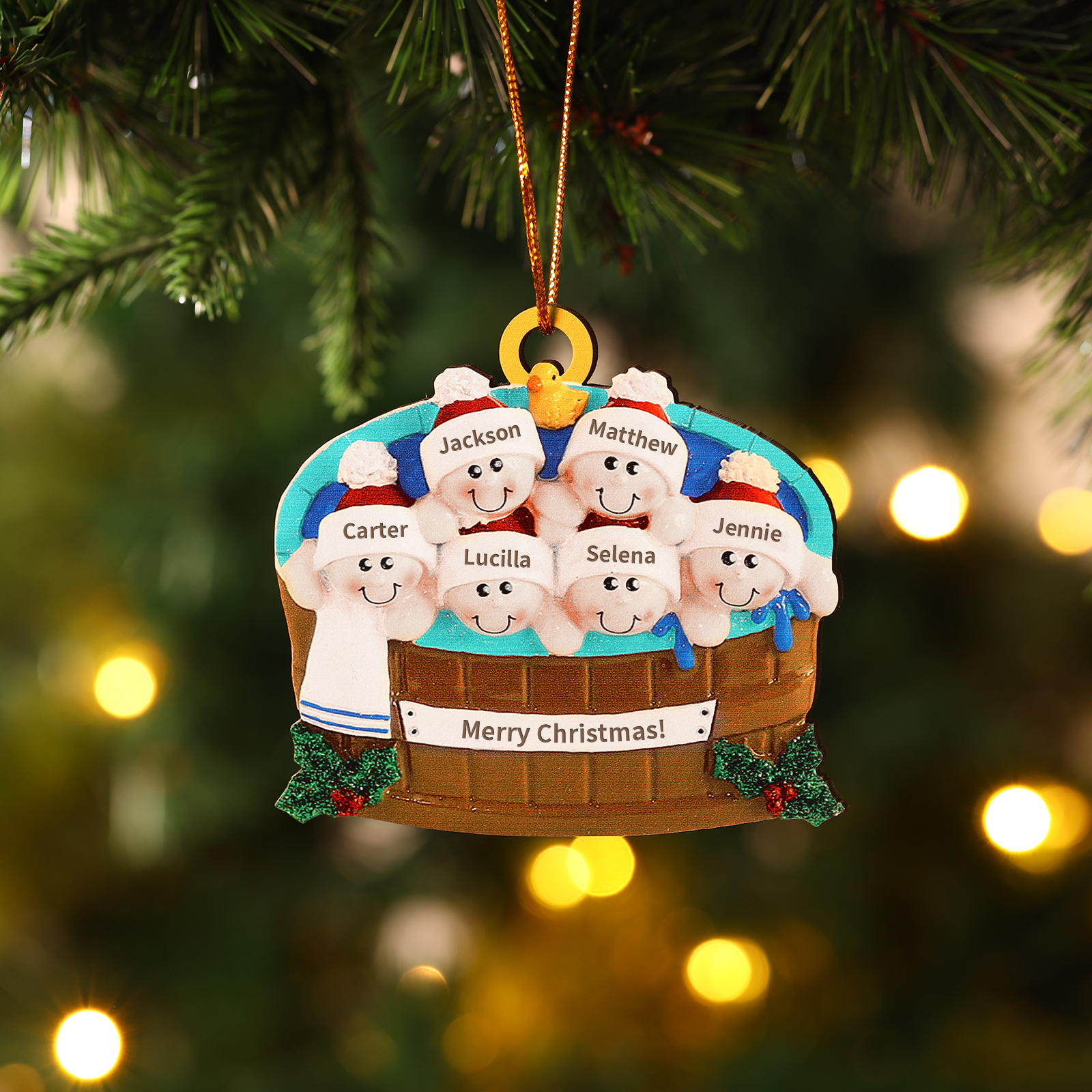 Personalised Family Swimming Hanging Ornament Custom 1 Text & 6 Names Wooden Christmas Gift for Family