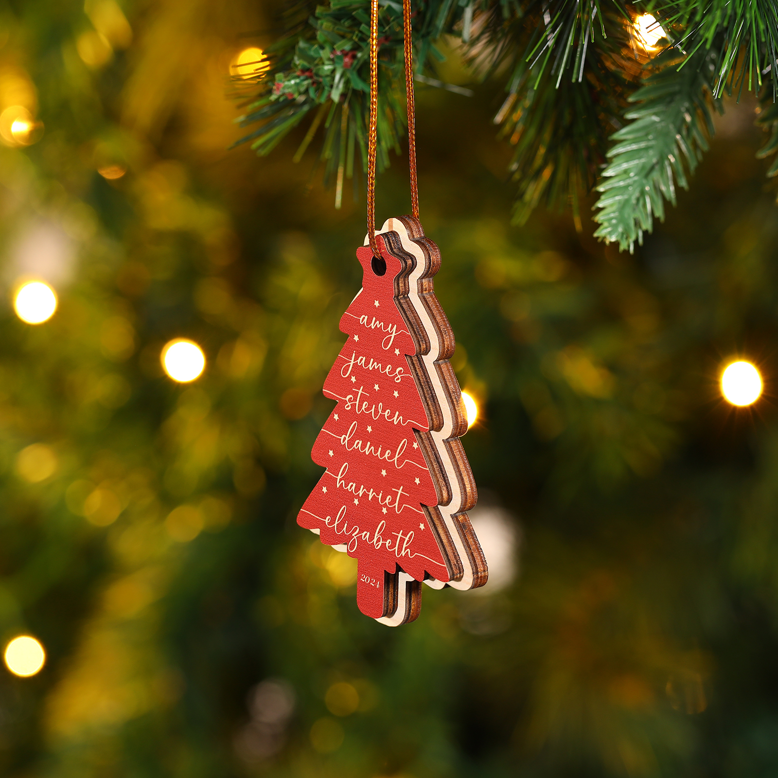 Personalised Christmas Tree Ornament Custom with 1-6 Names Family Holiday Decor 2 Layer Wooden Ornaments