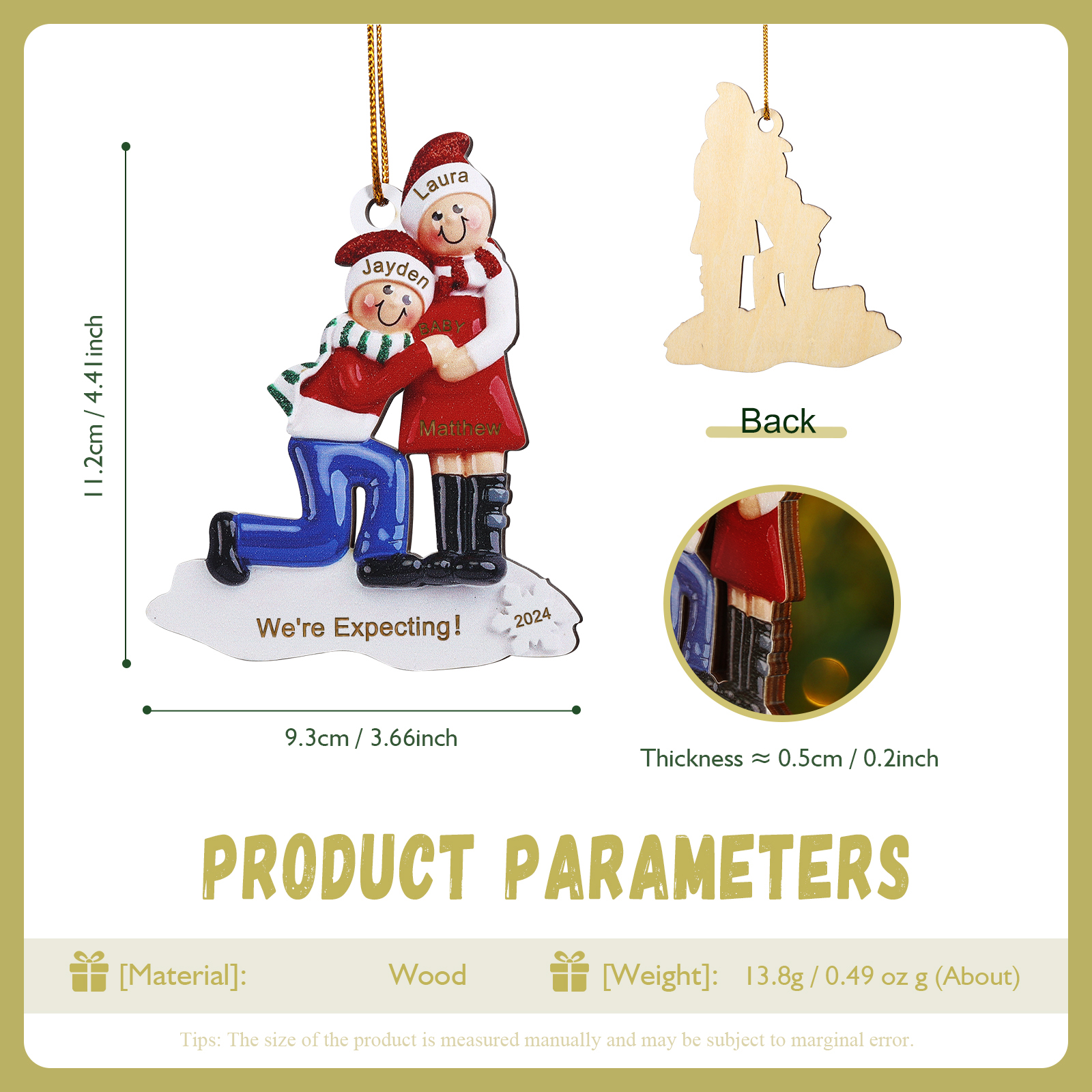 Personalised Christmas Ornament for Expecting Family with 3 Custom Names & Text Celebrating Pregnancy with Love