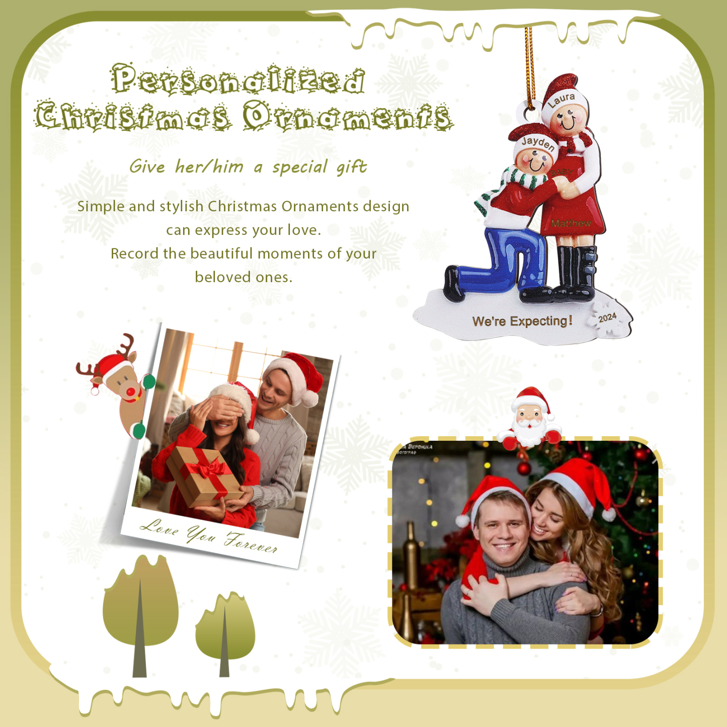 Personalised Christmas Ornament for Expecting Family with 3 Custom Names & Text Celebrating Pregnancy with Love