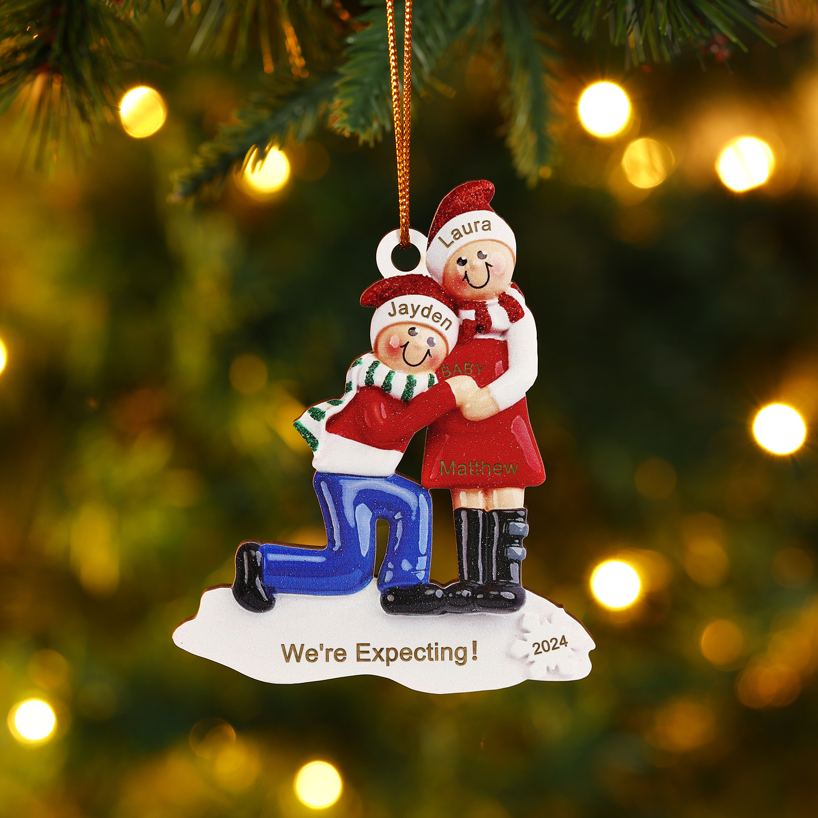 Personalised Christmas Ornament for Expecting Family with 3 Custom Names & Text Celebrating Pregnancy with Love