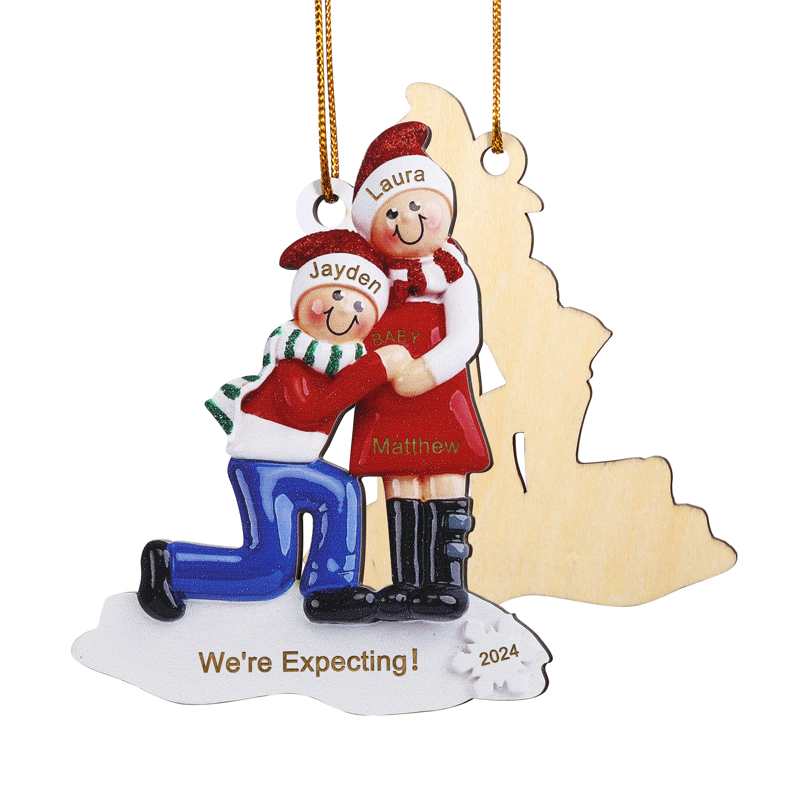 Personalised Christmas Ornament for Expecting Family with 3 Custom Names & Text Celebrating Pregnancy with Love