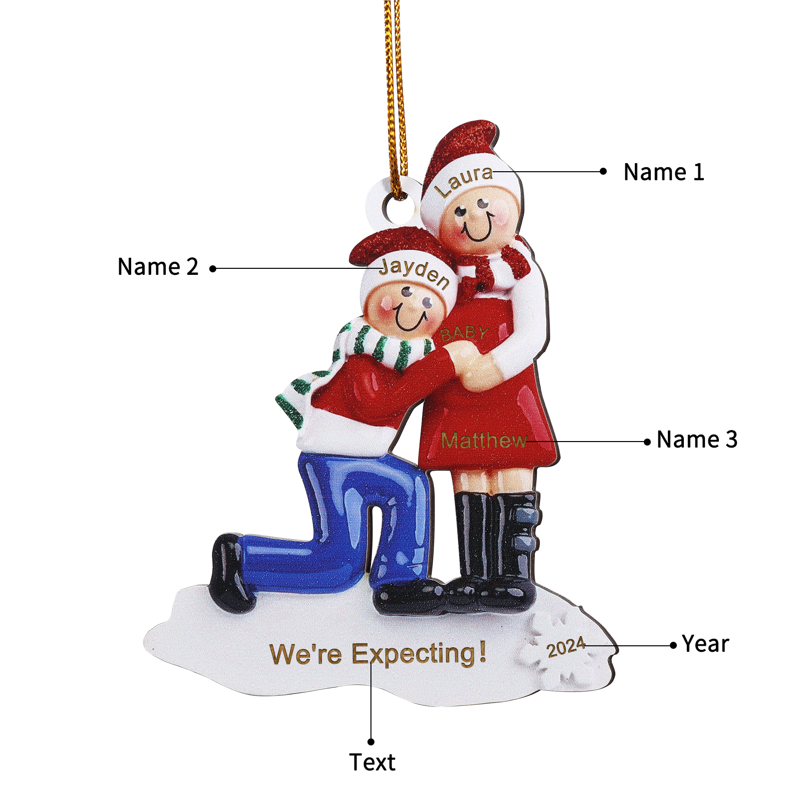 Personalised Christmas Ornament for Expecting Family with 3 Custom Names & Text Celebrating Pregnancy with Love
