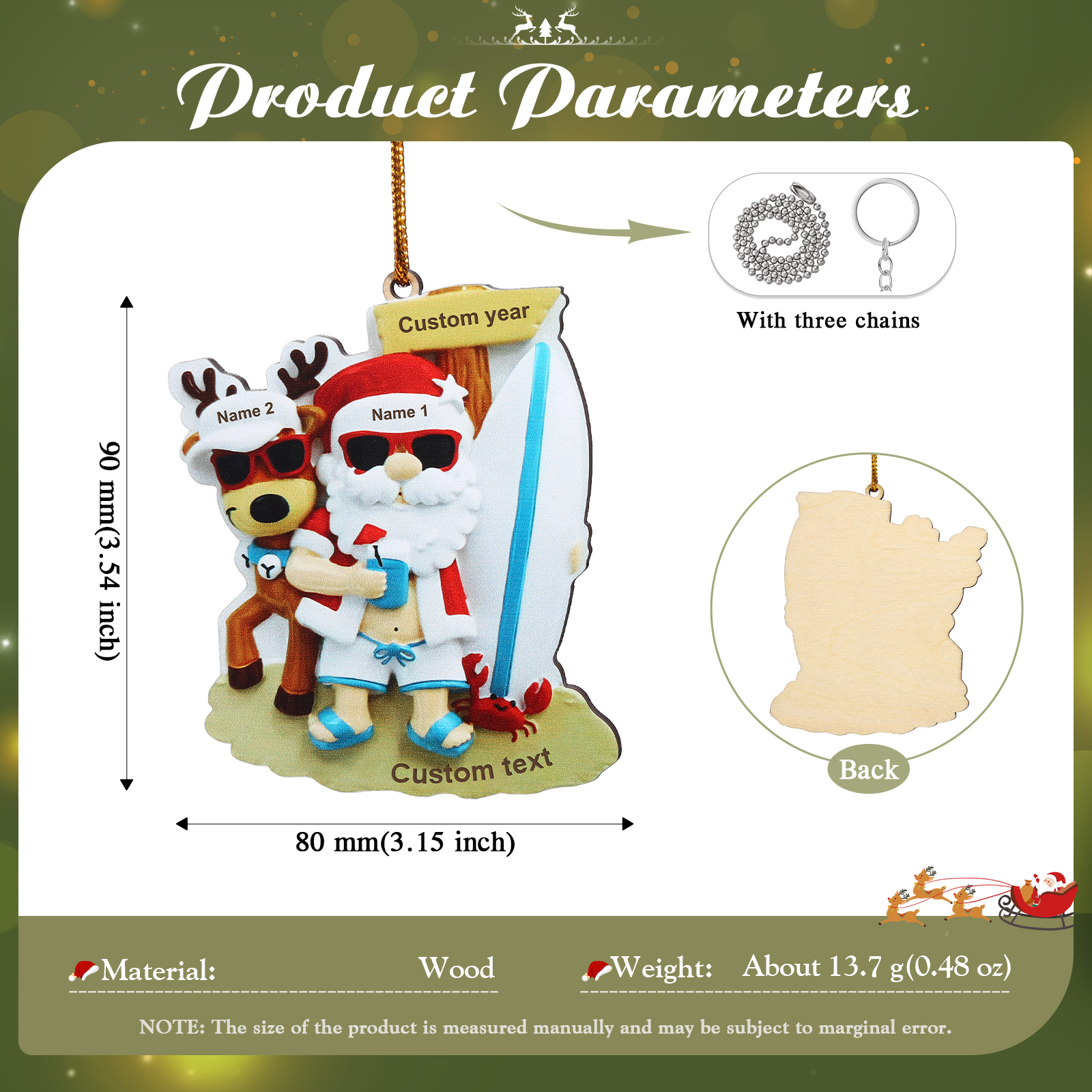 2 Names - Personalised Beach Santa Hanging Ornament Custom Text & Year Wooden Christmas Gift for Couple-Jessemade AU