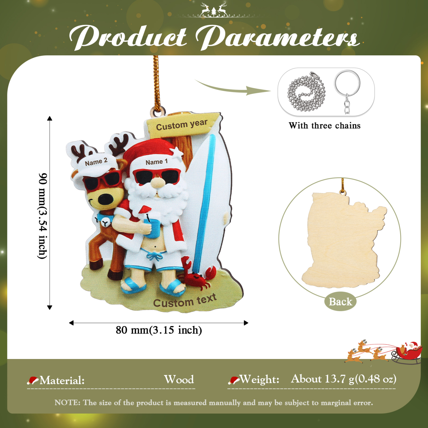 2 Names - Personalised Beach Santa Hanging Ornament Custom Text & Year Wooden Christmas Gift for Couple-Jessemade AU