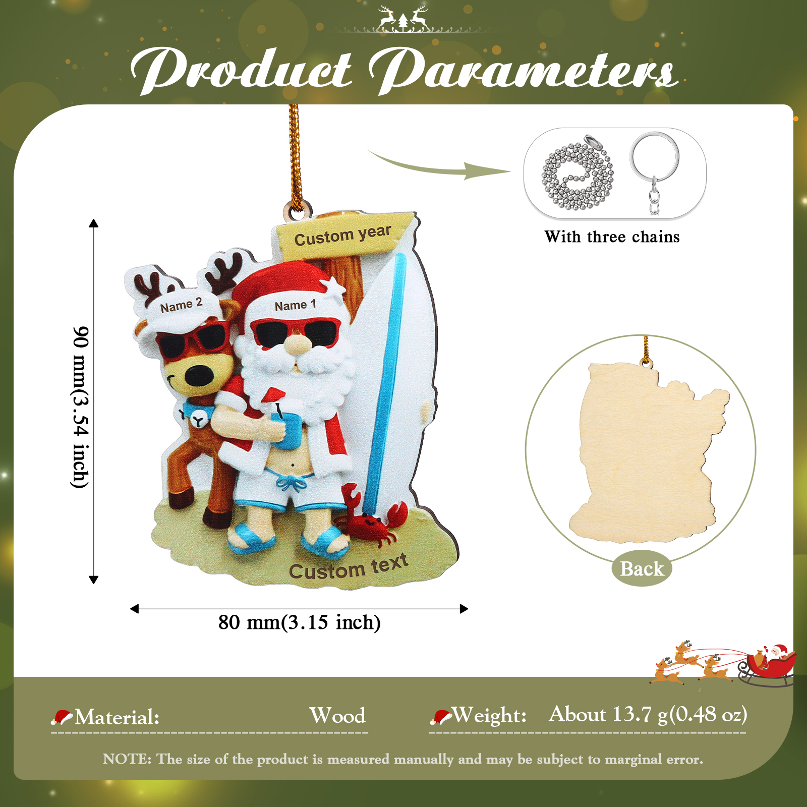 2 Names - Personalised Beach Santa Hanging Ornament Custom Text & Year Wooden Christmas Gift for Couple-Jessemade AU