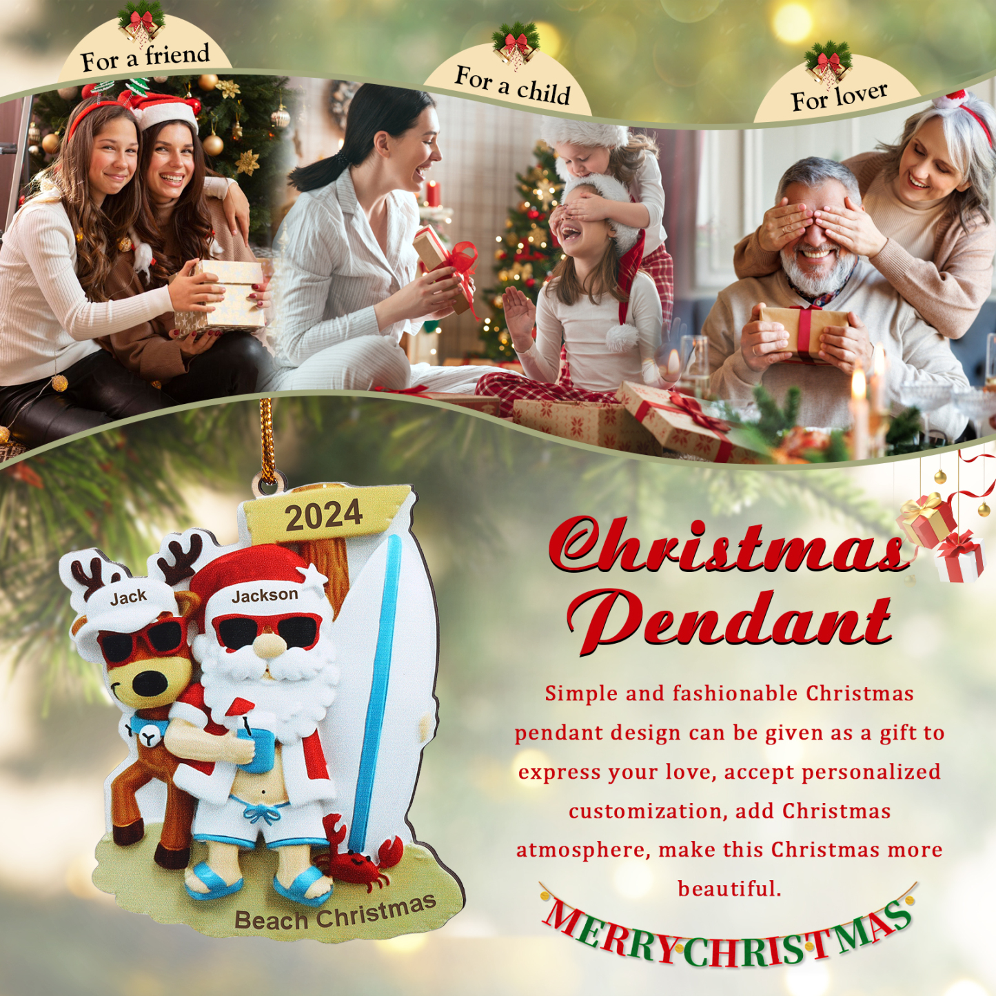 2 Names - Personalised Beach Santa Hanging Ornament Custom Text & Year Wooden Christmas Gift for Couple-Jessemade AU