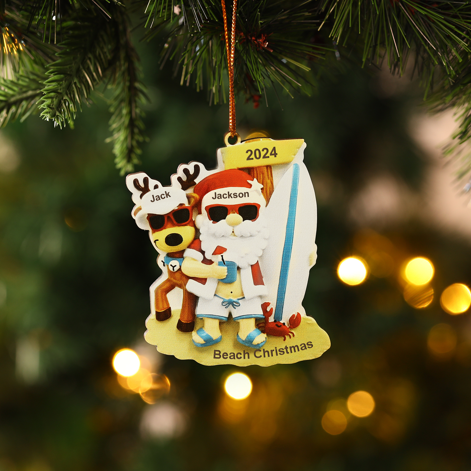 2 Names - Personalised Beach Santa Hanging Ornament Custom Text & Year Wooden Christmas Gift for Couple