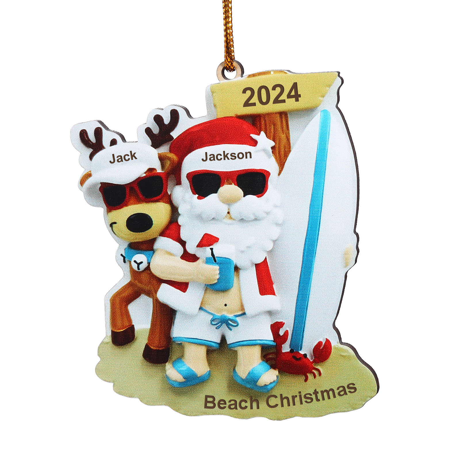 2 Names - Personalised Beach Santa Hanging Ornament Custom Text & Year Wooden Christmas Gift for Couple-Jessemade AU