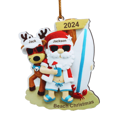 2 Names - Personalised Beach Santa Hanging Ornament Custom Text & Year Wooden Christmas Gift for Couple-Jessemade AU