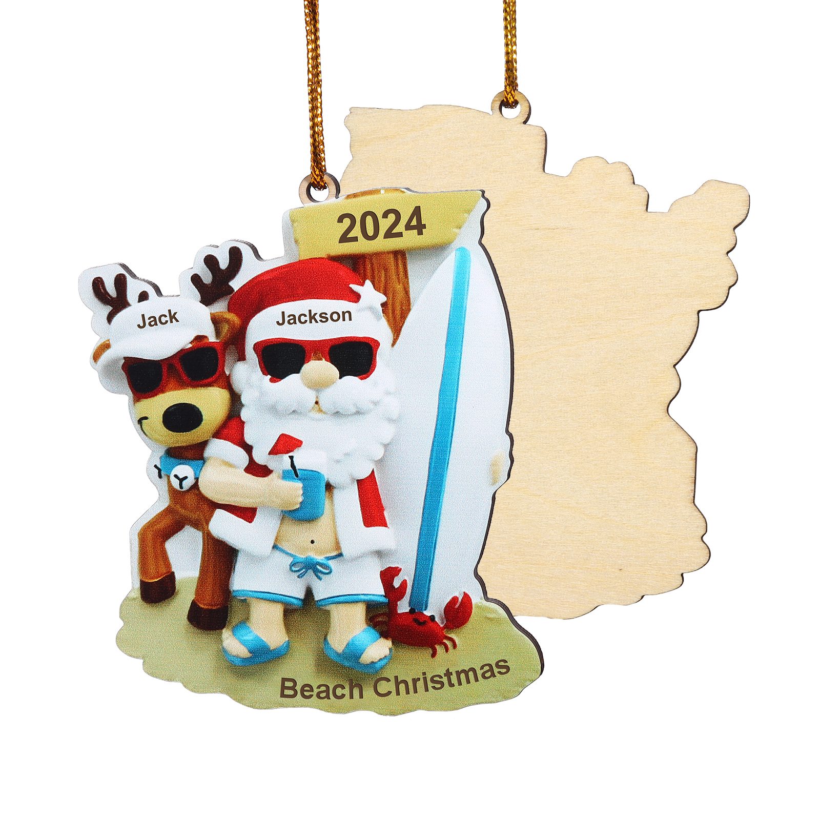 2 Names - Personalised Beach Santa Hanging Ornament Custom Text & Year Wooden Christmas Gift for Couple-Jessemade AU