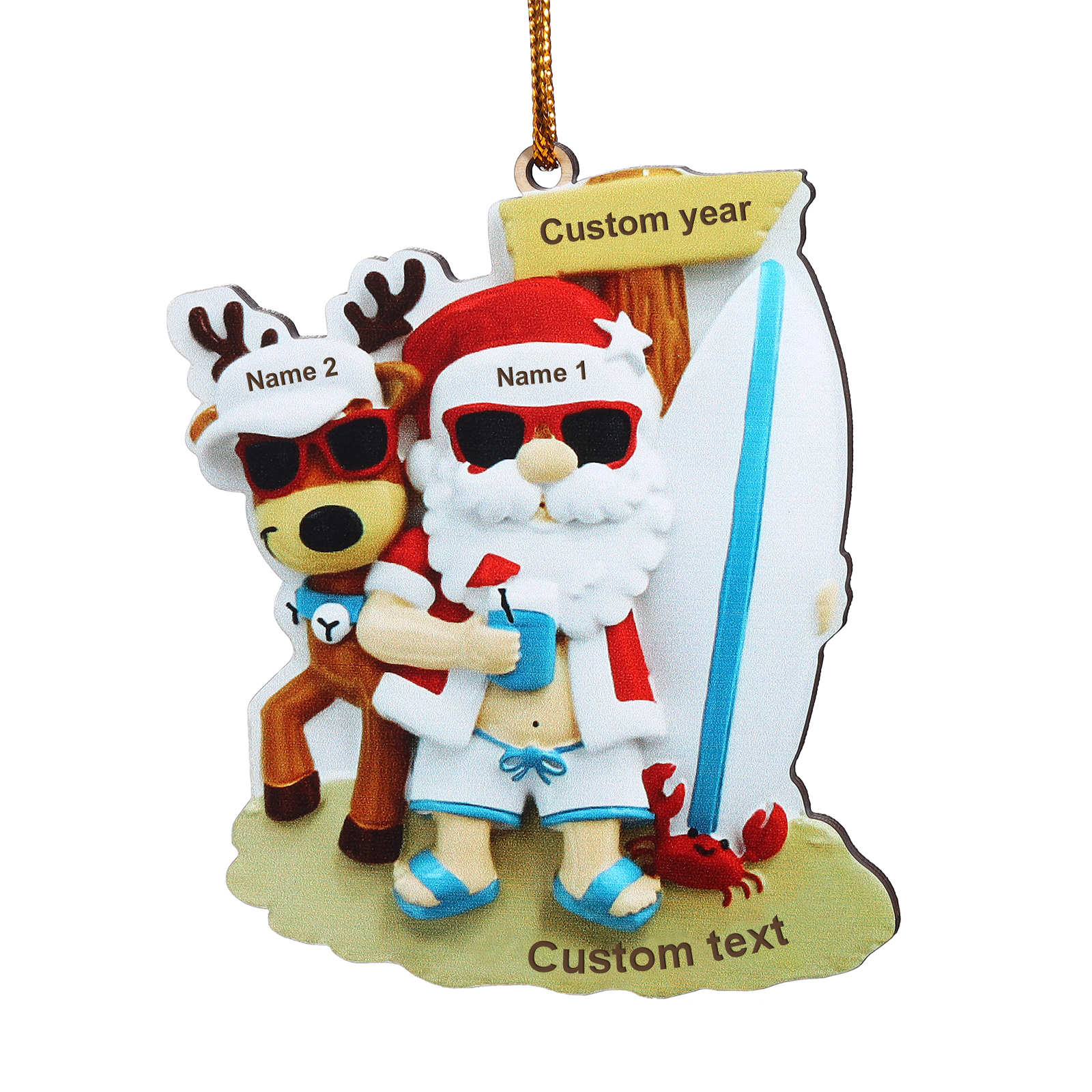 2 Names - Personalised Beach Santa Hanging Ornament Custom Text & Year Wooden Christmas Gift for Couple