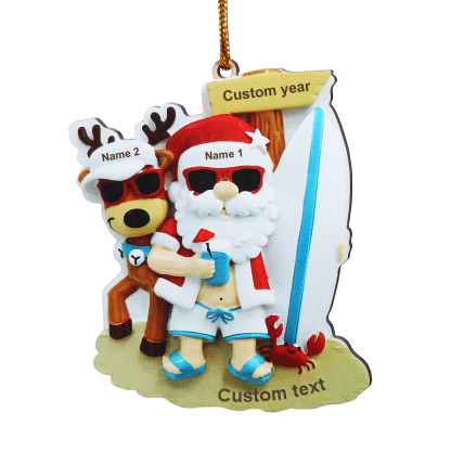2 Names - Personalised Beach Santa Hanging Ornament Custom Text & Year Wooden Christmas Gift for Couple-Jessemade AU