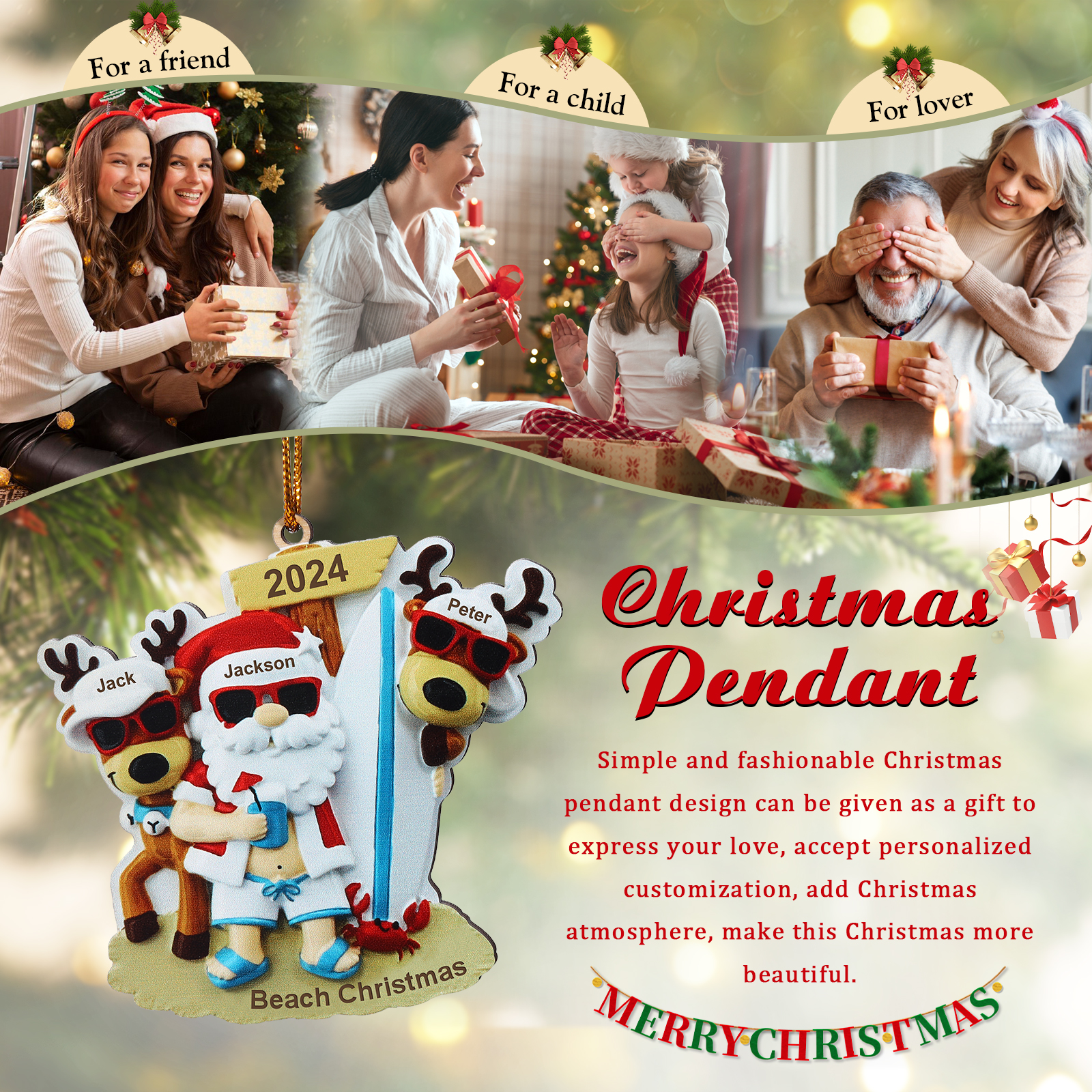 3 Names - Personalised Beach Santa Hanging Ornament Custom Text & Year Wooden Family Christmas Gift for Dad/Grandpa-Jessemade AU