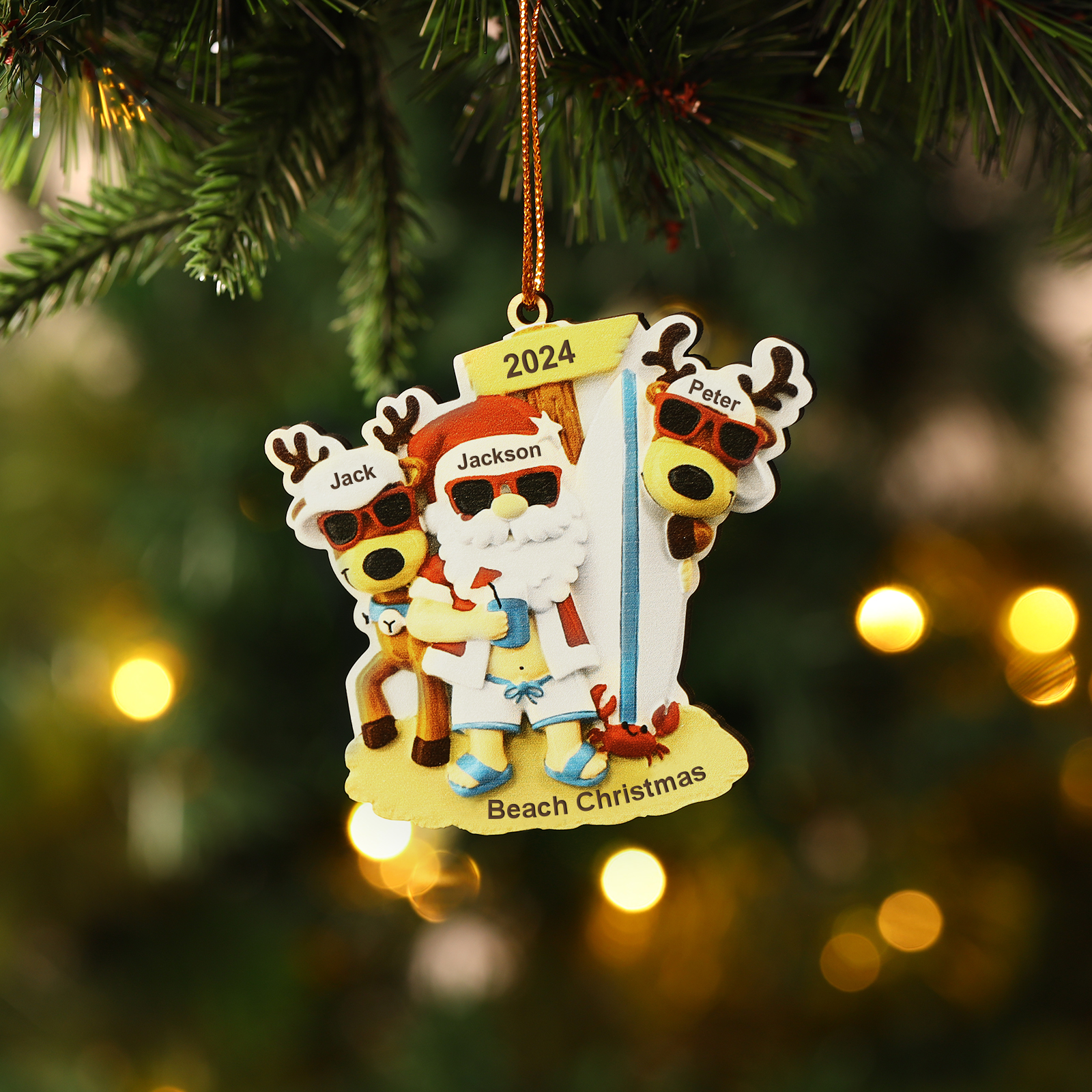 3 Names - Personalised Beach Santa Hanging Ornament Custom Text & Year Wooden Family Christmas Gift for Dad/Grandpa