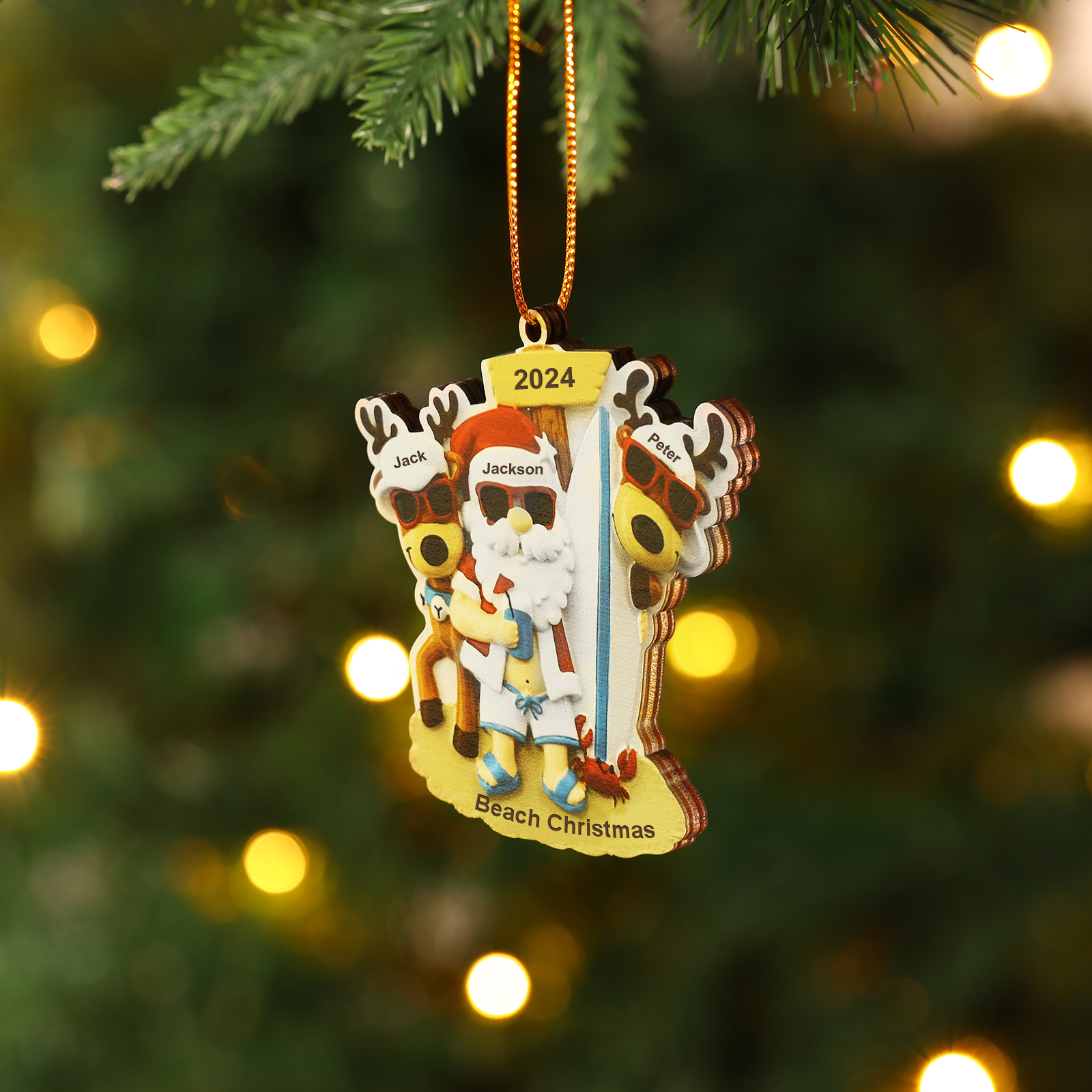 3 Names - Personalised Beach Santa Hanging Ornament Custom Text & Year Wooden Family Christmas Gift for Dad/Grandpa-Jessemade AU