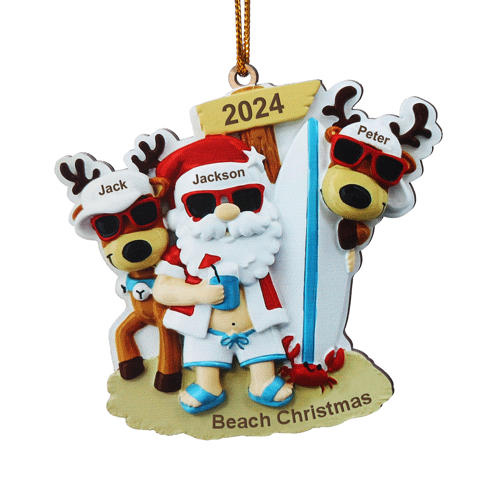 3 Names - Personalised Beach Santa Hanging Ornament Custom Text & Year Wooden Family Christmas Gift for Dad/Grandpa-Jessemade AU